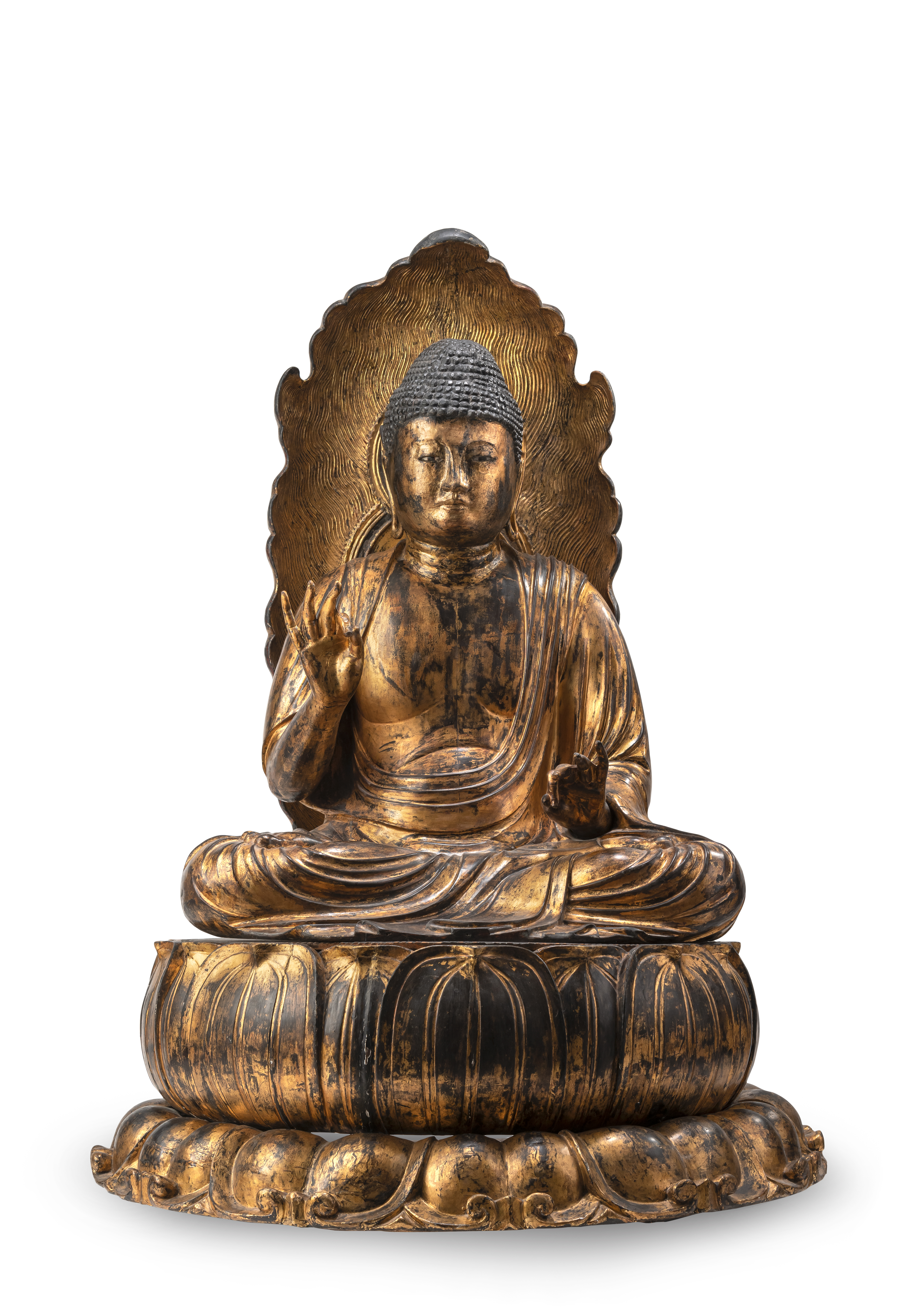 A LARGE GILT- AND BLACK-LACQUERED WOOD FIGURE OF BUDDHA SHAKYAMUNI