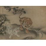 Seidemalerei mit zwei Tigern am Fluss unter einer Kiefer