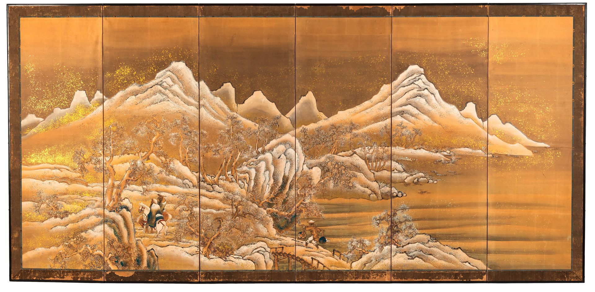 A SIX-PANEL SCREEN WITH A WINTER LANDSCAPE AND RIDERS