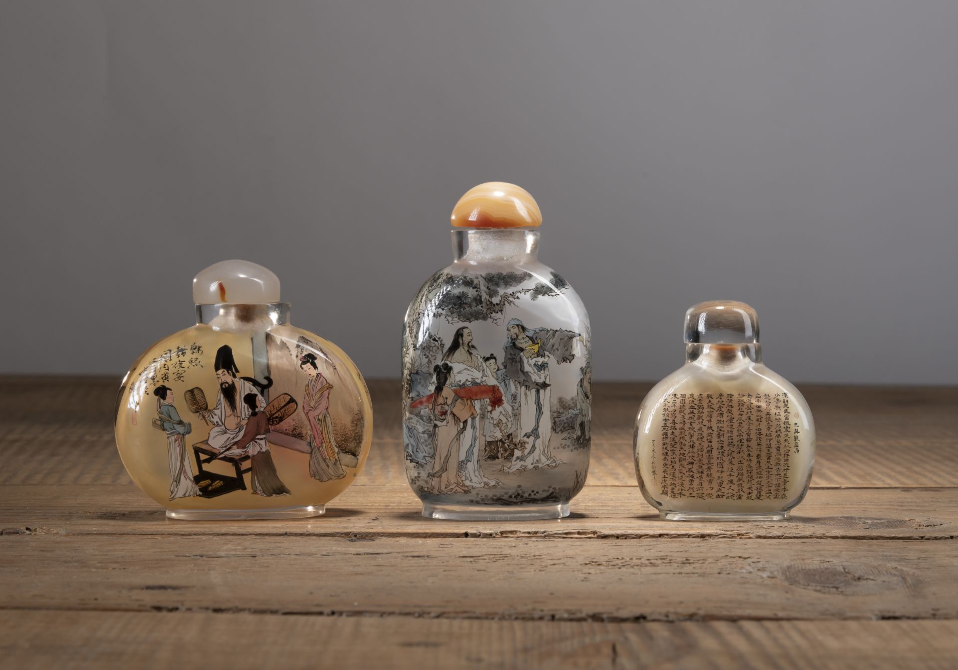 THREE GLASS SNUFF BOTTLES WITH FINE INSIDE PAINTING OF 'THE SEVEN SAGES OF THE BAMBOO GROVE', 'THE - Image 4 of 5