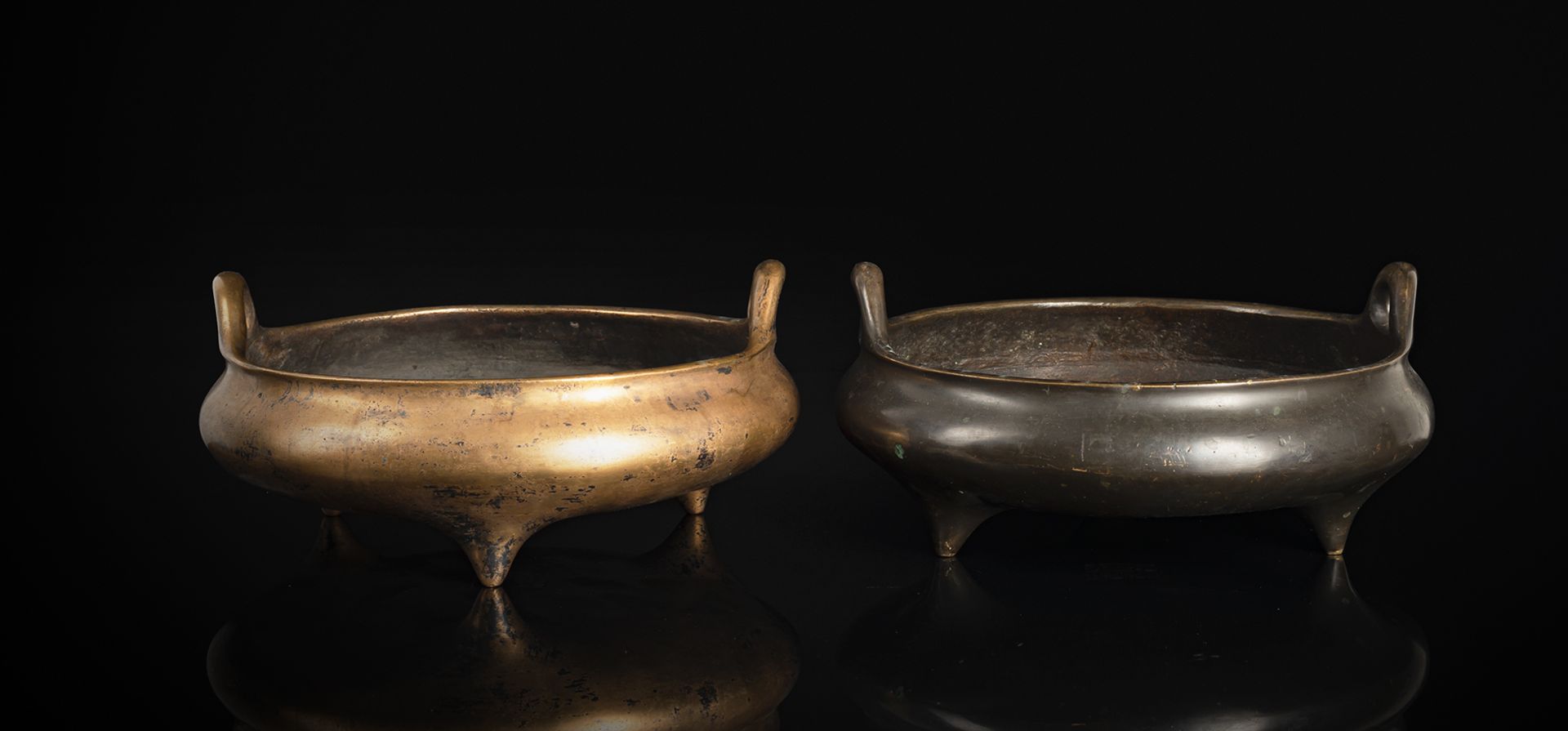 TWO FINE FLAT TRIPOD BRONZE CENSERS