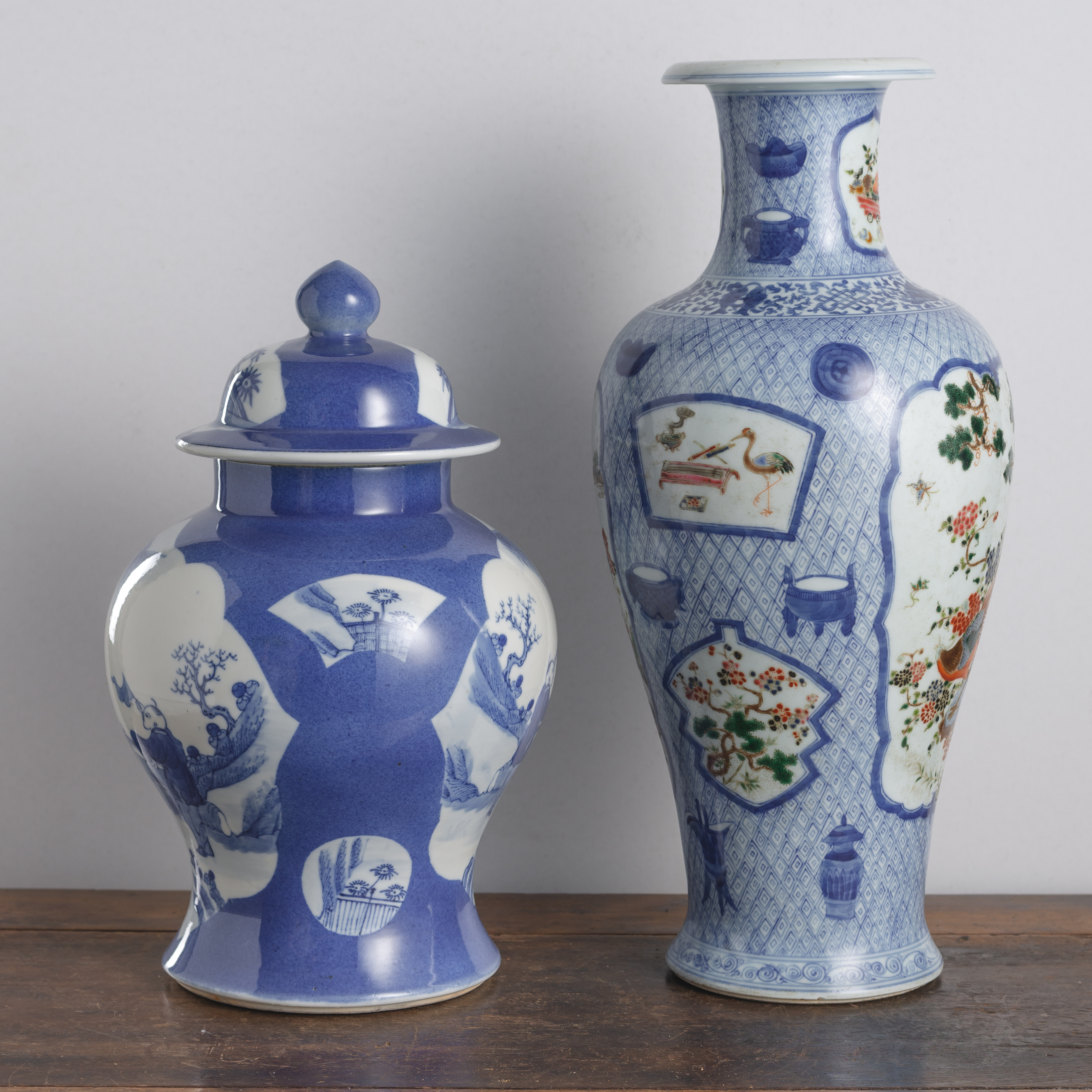 A POWDER-BLUE PORCELAIN VASE AND COVER AND A POLYCHROME DEER, PHEASANTS, AND BUDDHIST EMBLEMS BALUS - Image 2 of 6