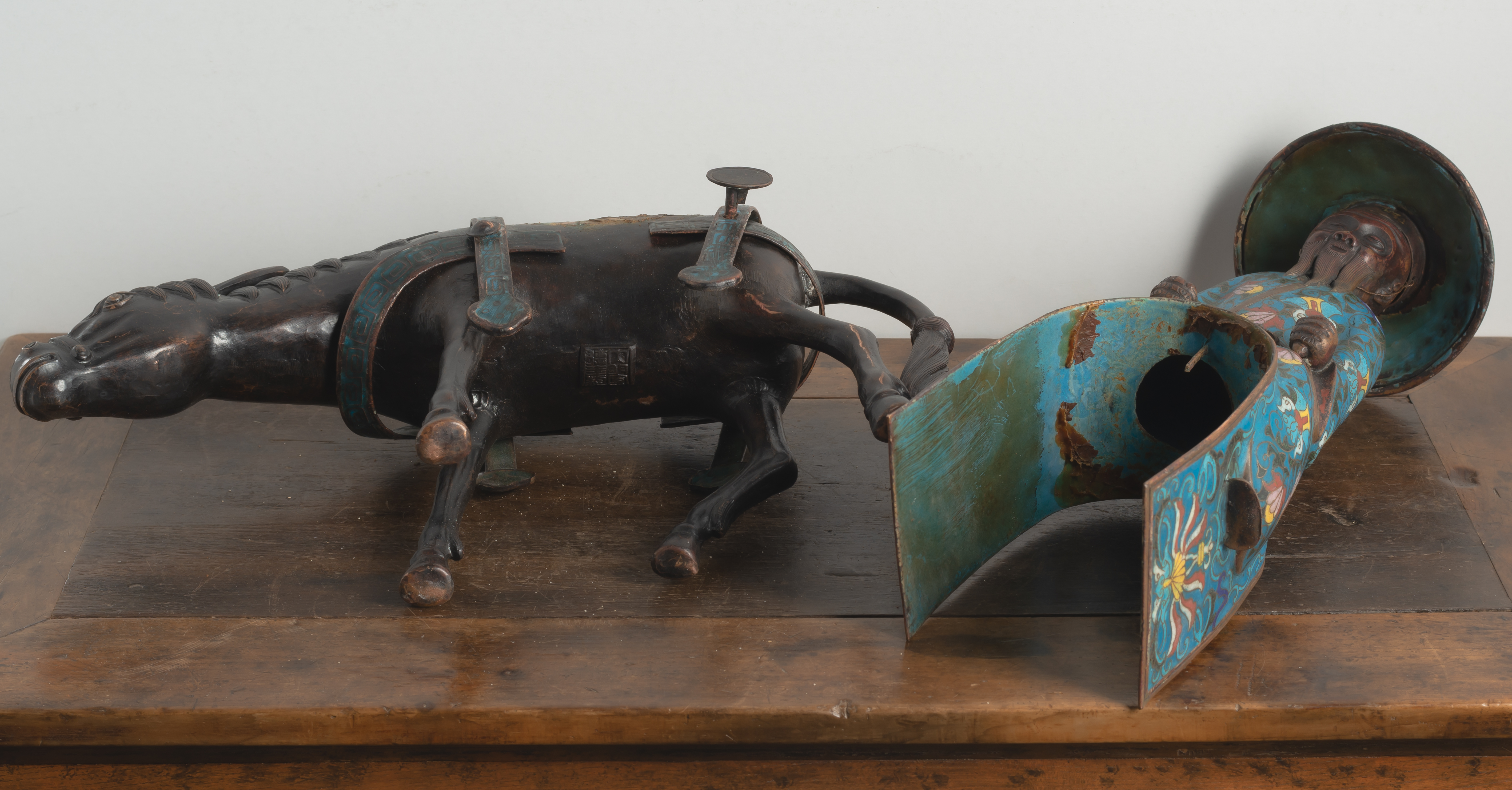 TWO BRONZES OF HORSE RIDING FIGURES, ONE WITH CLOISONNÉ-ENAMELS - Image 4 of 8