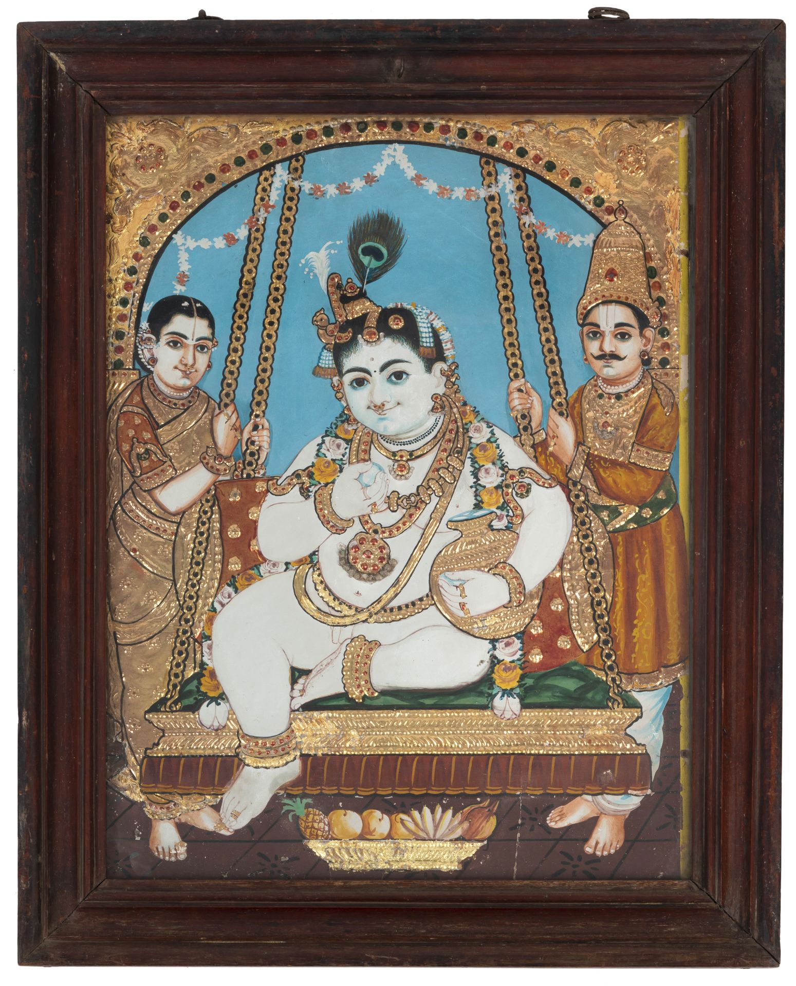 FOUR POLYHCROME PAINTINGS ON WOOD AND A REVERSE GLASS PAINTING DEPICTING KRISHNA, SHIVA, AND DURGA - Image 4 of 5