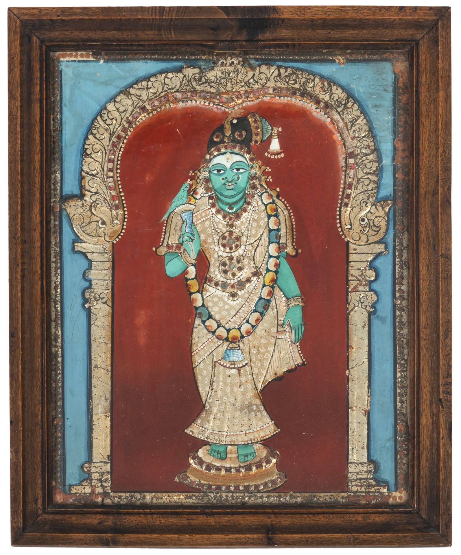 FOUR POLYHCROME PAINTINGS ON WOOD AND A REVERSE GLASS PAINTING DEPICTING KRISHNA, SHIVA, AND DURGA - Image 2 of 5