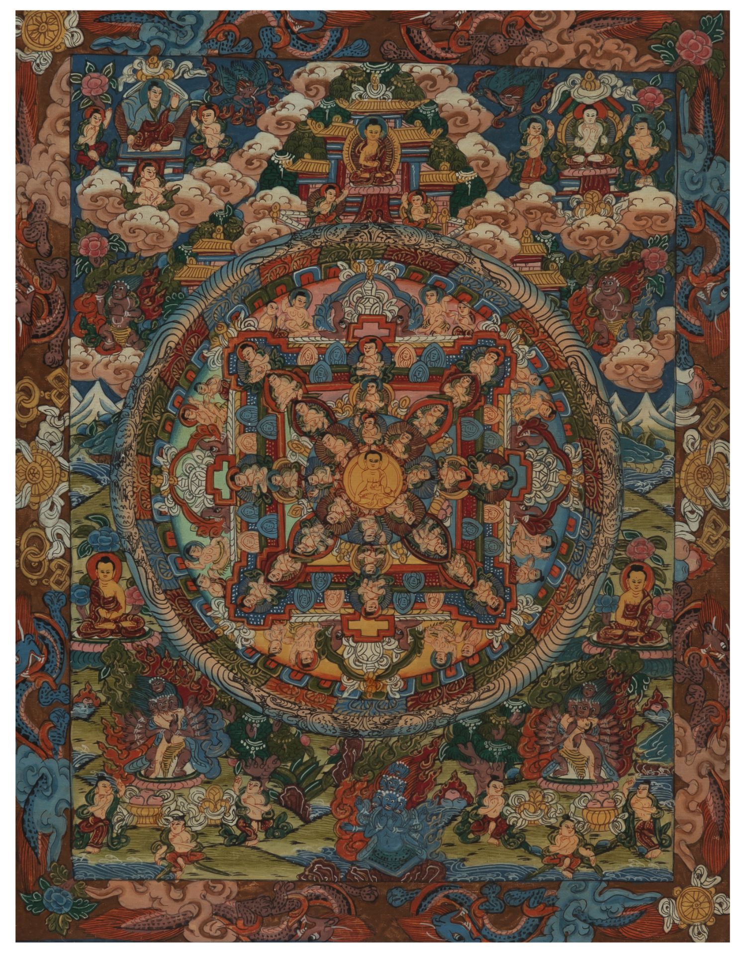 Sechs Thangkas mit Darstellungen des Avalokiteshvara, Hayagriva, Padmasambhava u. a.