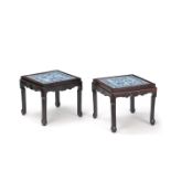 A PAIR OF WOODEN SQUARE STANDS OR TABLES WITH INSET DRSAGON PORCELAIN PANELS