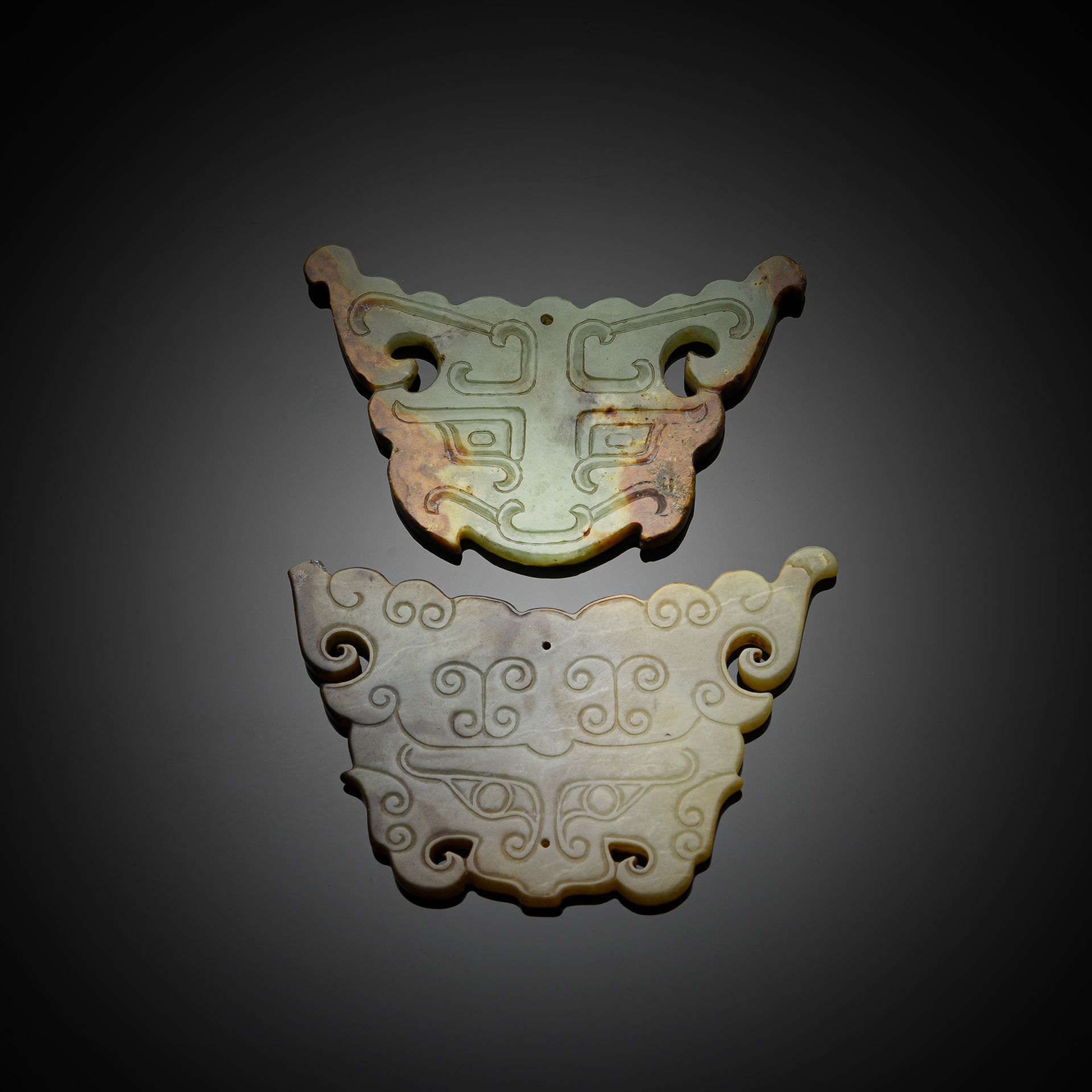 TWO 'TAOTIE' MASK JADE CARVINGS - Image 2 of 2