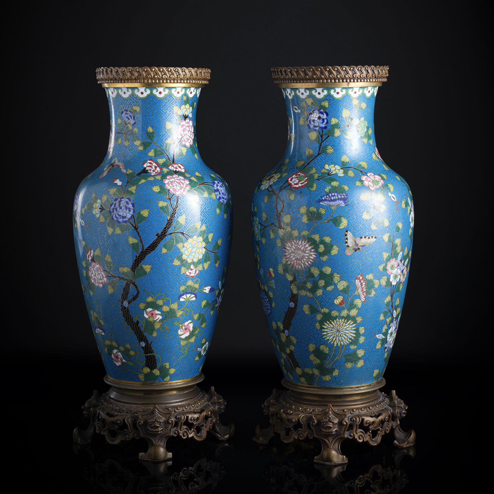 A PAIR OF ROULEAU CLOISONNÉ ENAMEL VASES WITH EUROPEAN BRONZE MOUNTS