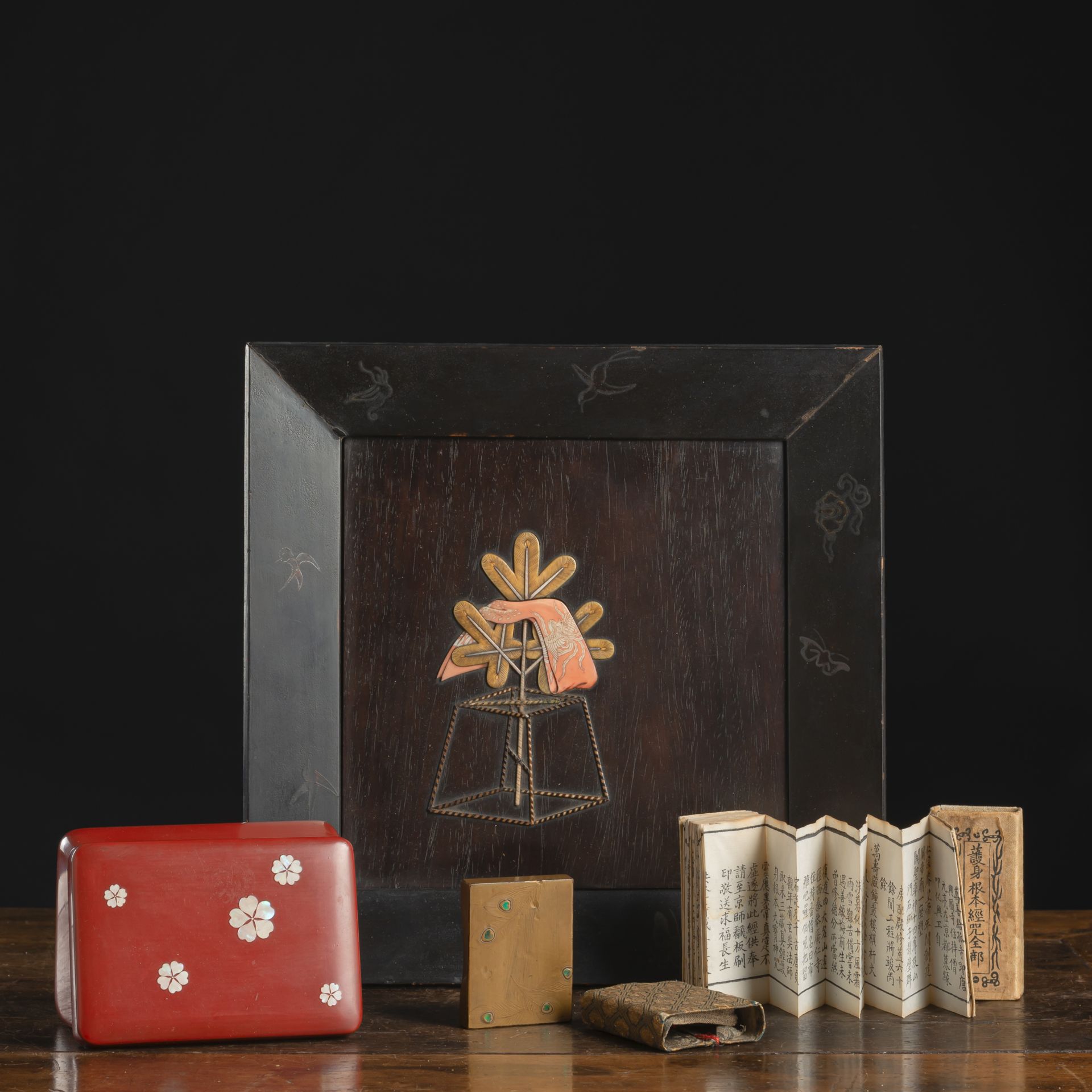 A SQUARE INLAID WOOD TRAY, TWO LACQUER BOXES, AND A SUTRA