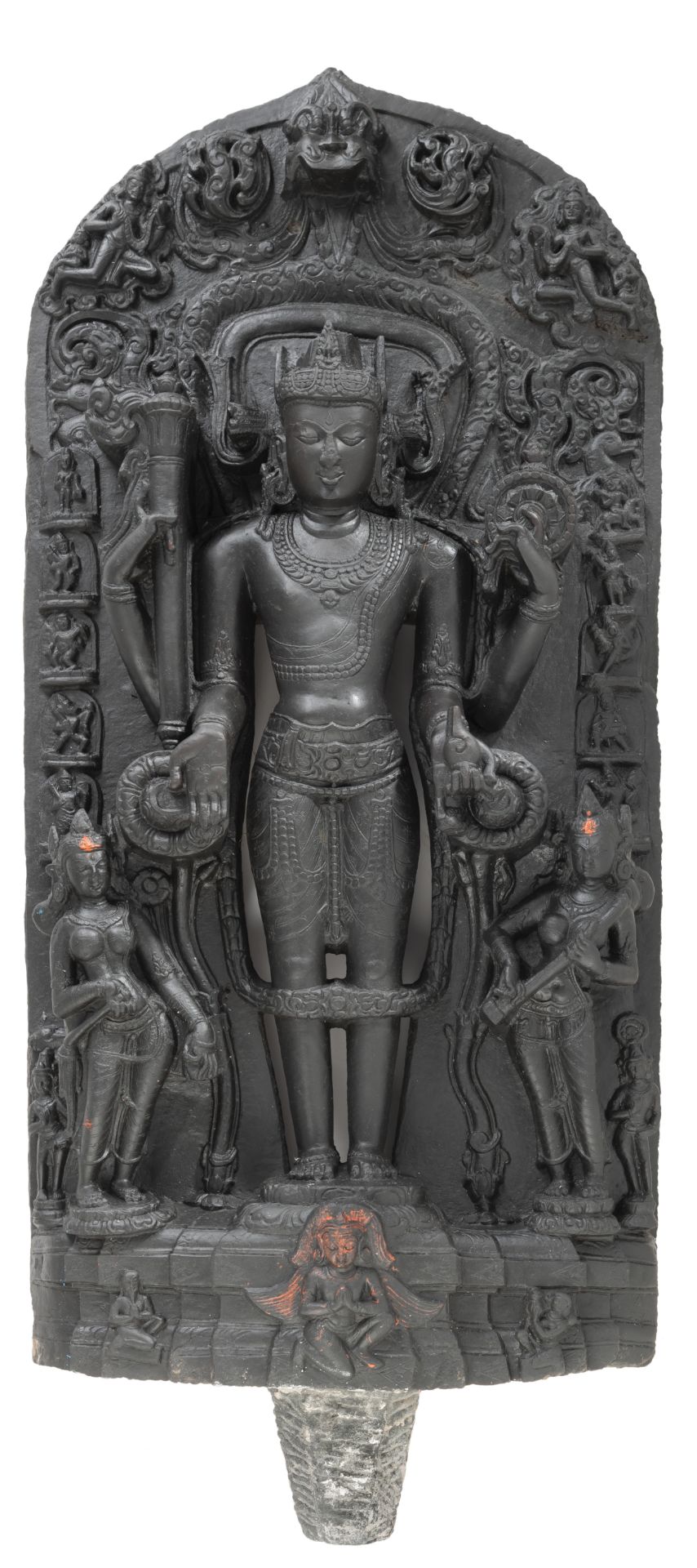 Feine Stele aus grauem Schiefer mit Darstellung des Vishnu