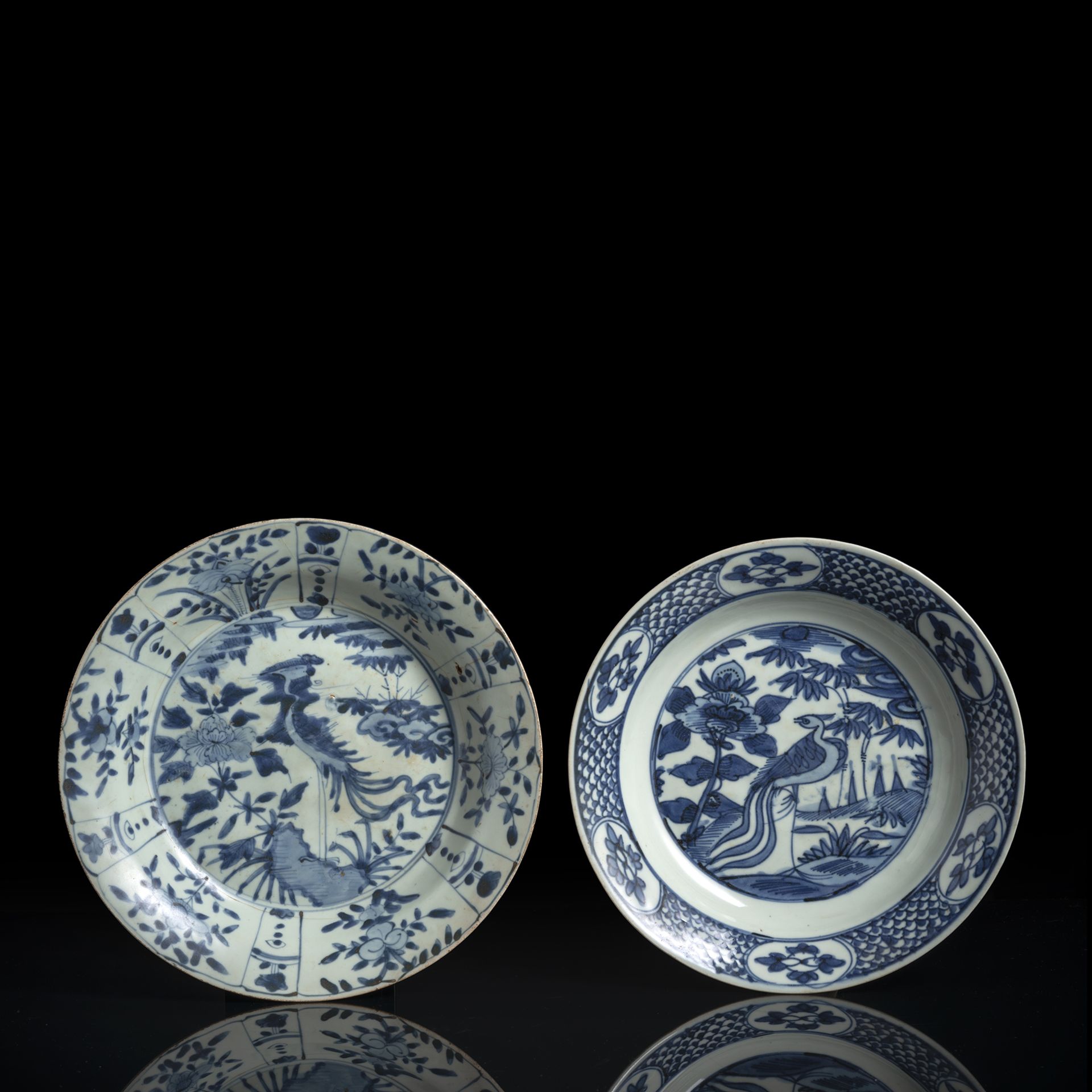 TWO BLUE AND WHITE PHOENIX SWATOW WARE DISHES