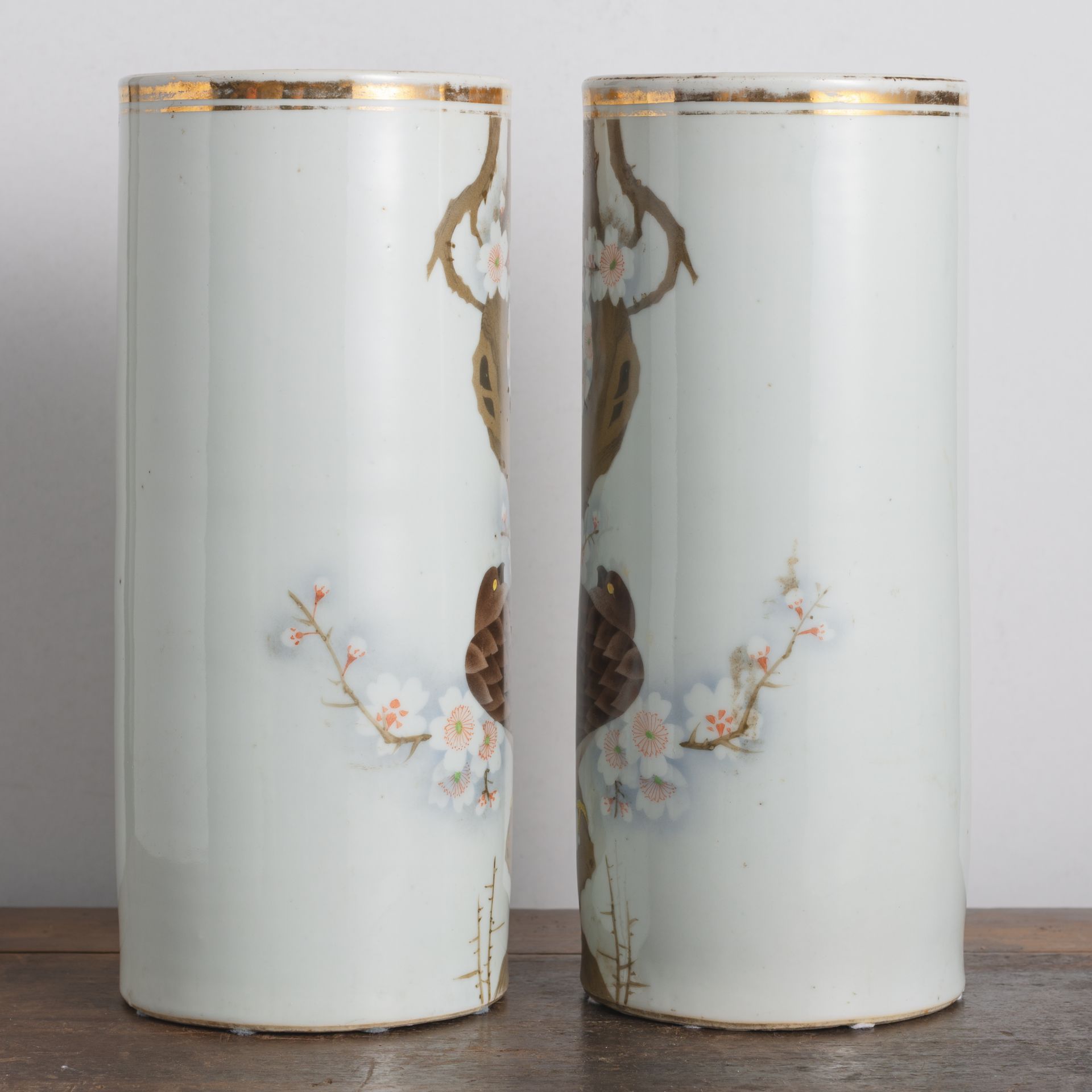 A PAIR OF CYLINDRICAL POLYCHROME BIRD OF PREY ON BRANCHES PORCELAIN VASES - Image 2 of 6