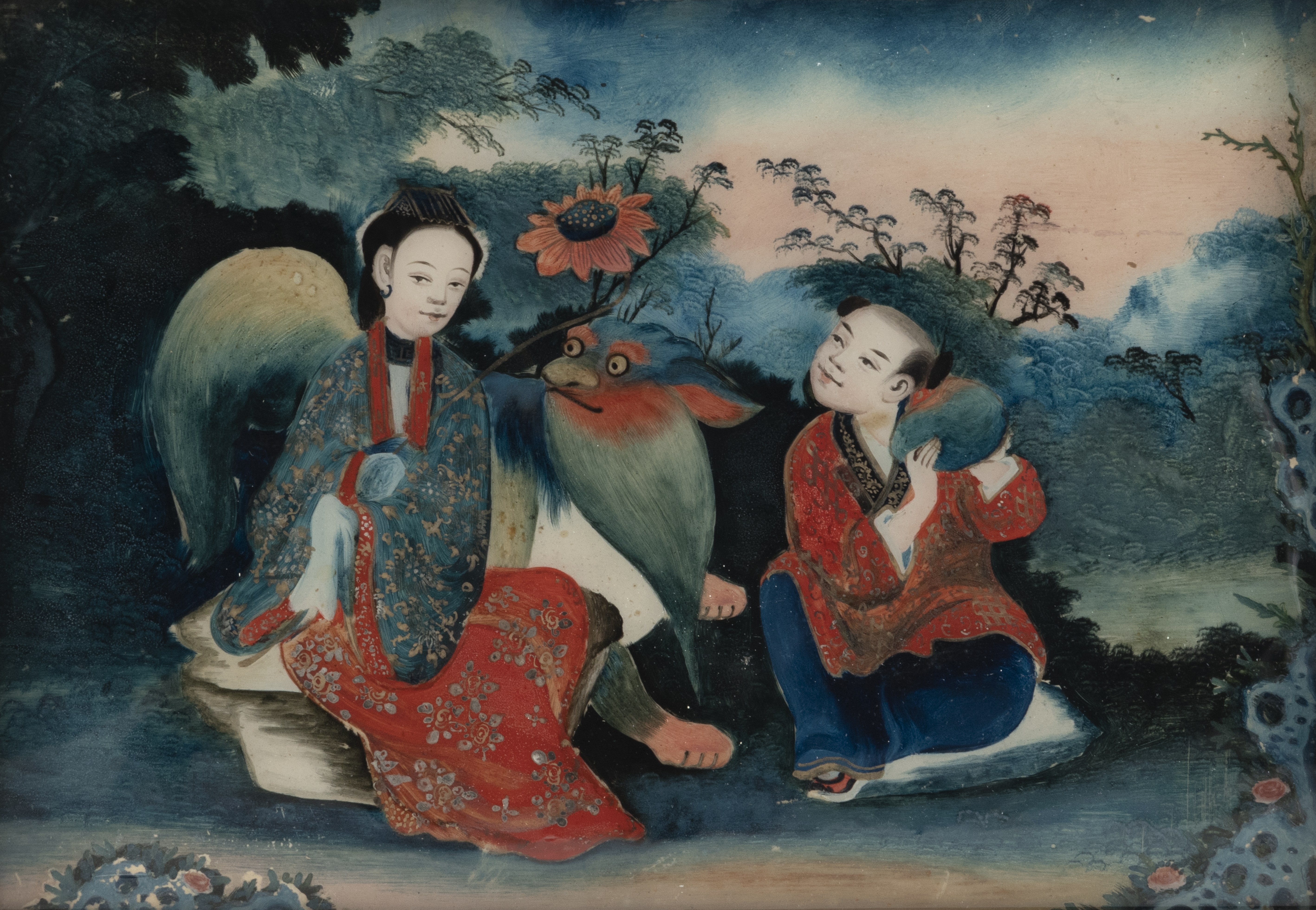 THREE REVERSE GLASS PAINTINGS EACH DEPICTING AN IMMORTAL AND A SERVANT - Image 3 of 6