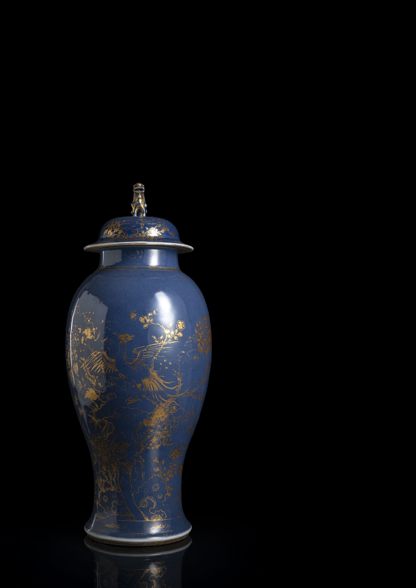 A FINE POWDERBLUE-GROUND GILT-PAINTED VASE AND COVER, THE COVER WITH LION HANDLE