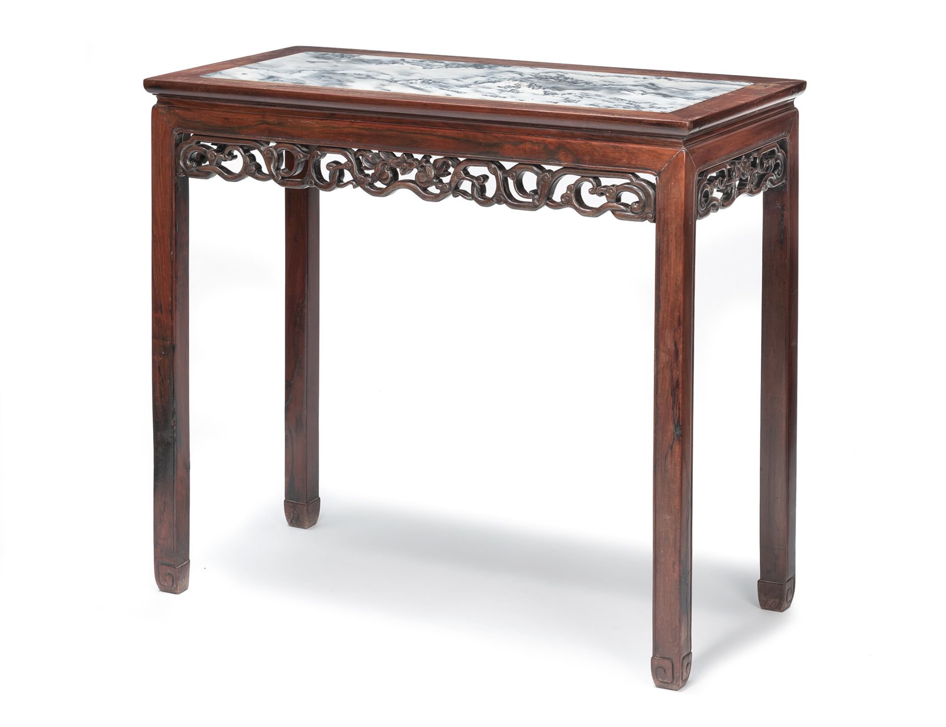 A MARBLE-INSET OPENWORK FLORAL SCROLL APRON CORNER-LEG TABLE