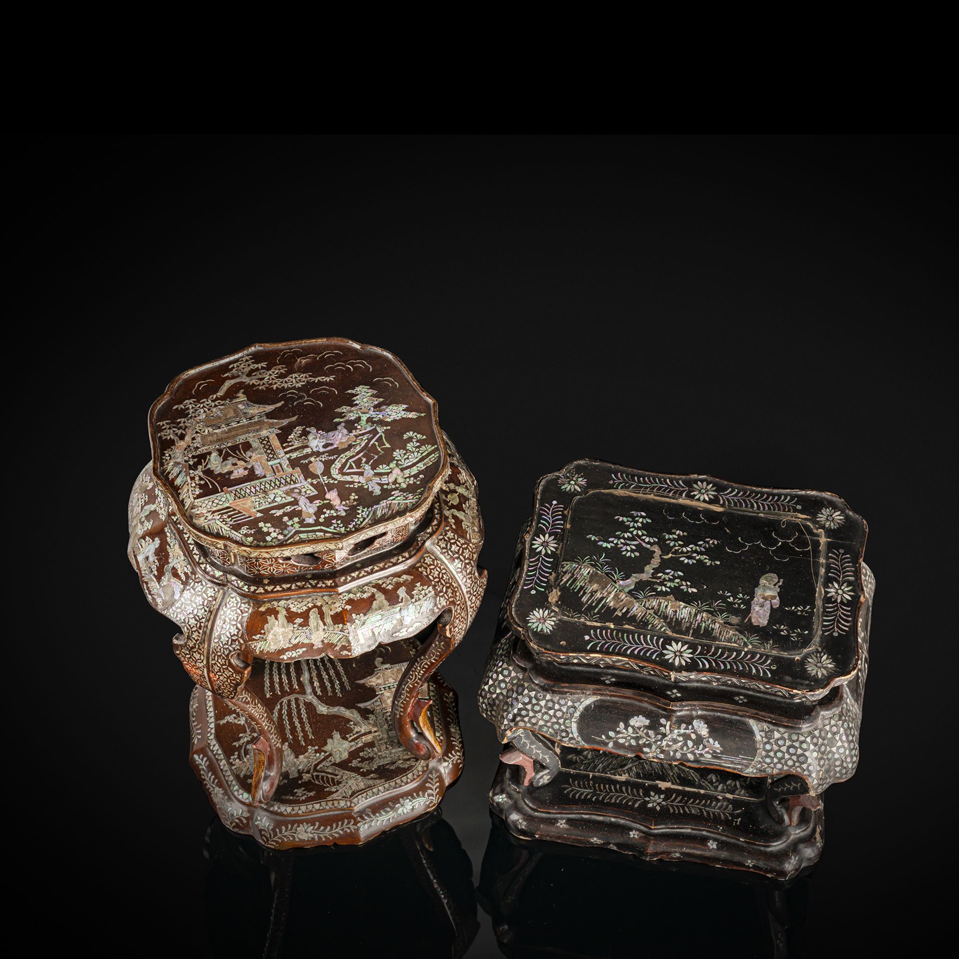 TWO LACQUER AND MOTHER-OF-PEARL INLAID WOODEN STANDS