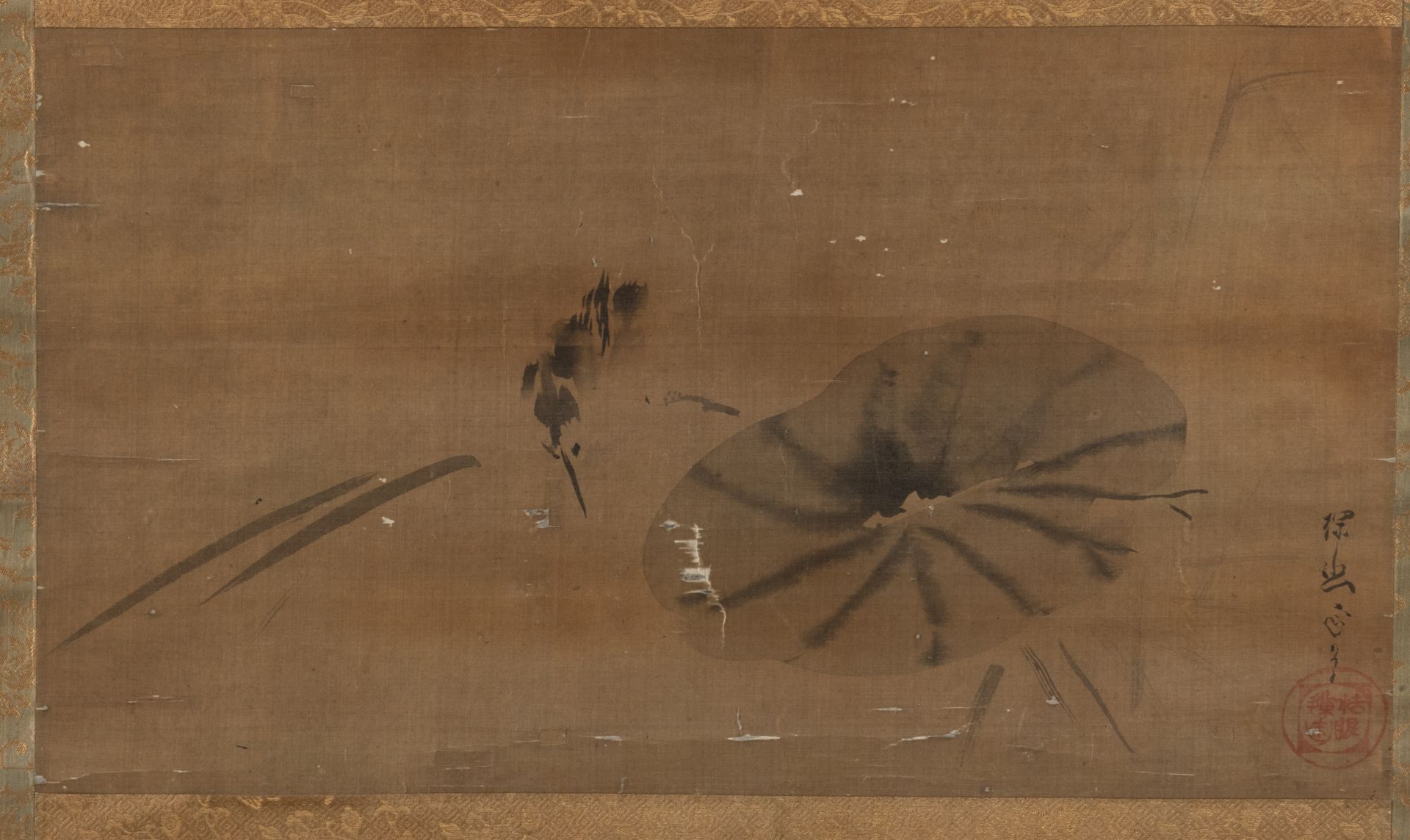 A PAINTING DEPICTING A LOTUS LEAF AND A BIRD AFTER KANŌ TAN'YŪ AND A CALLIGRAPHY WITH A ZEN SAYING,