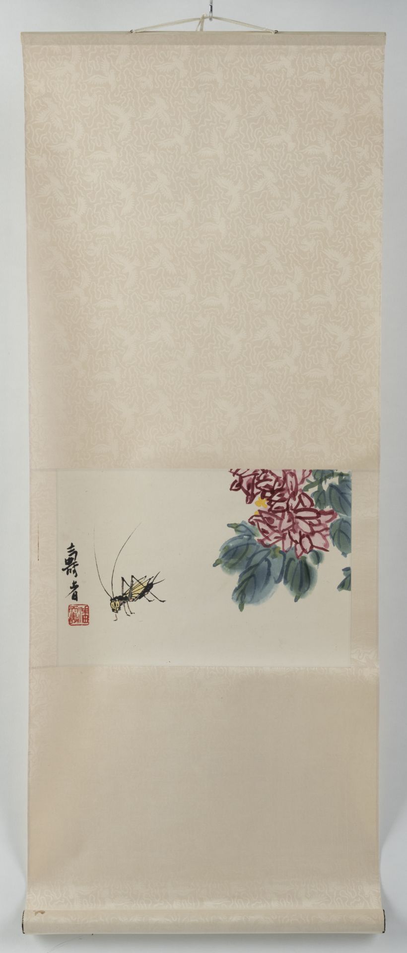 FOUR HANGING SCROLLS WITH COLOR WOODBLOCK PRINTS ('MU BAN SHUI YIN') OF FLORAL DEPICTIONS AFTER QI - Image 11 of 14