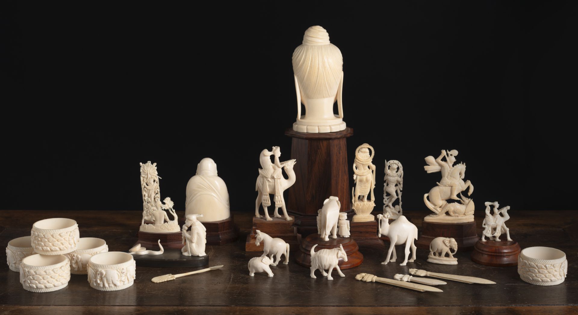 LOT OF IVORY OBJECTS: A BUDDHA HEAD, DEITIES, ANIMALS, NAPKIN RINGS, SMALL LETTER OPNERS AND OTHERS - Image 2 of 5