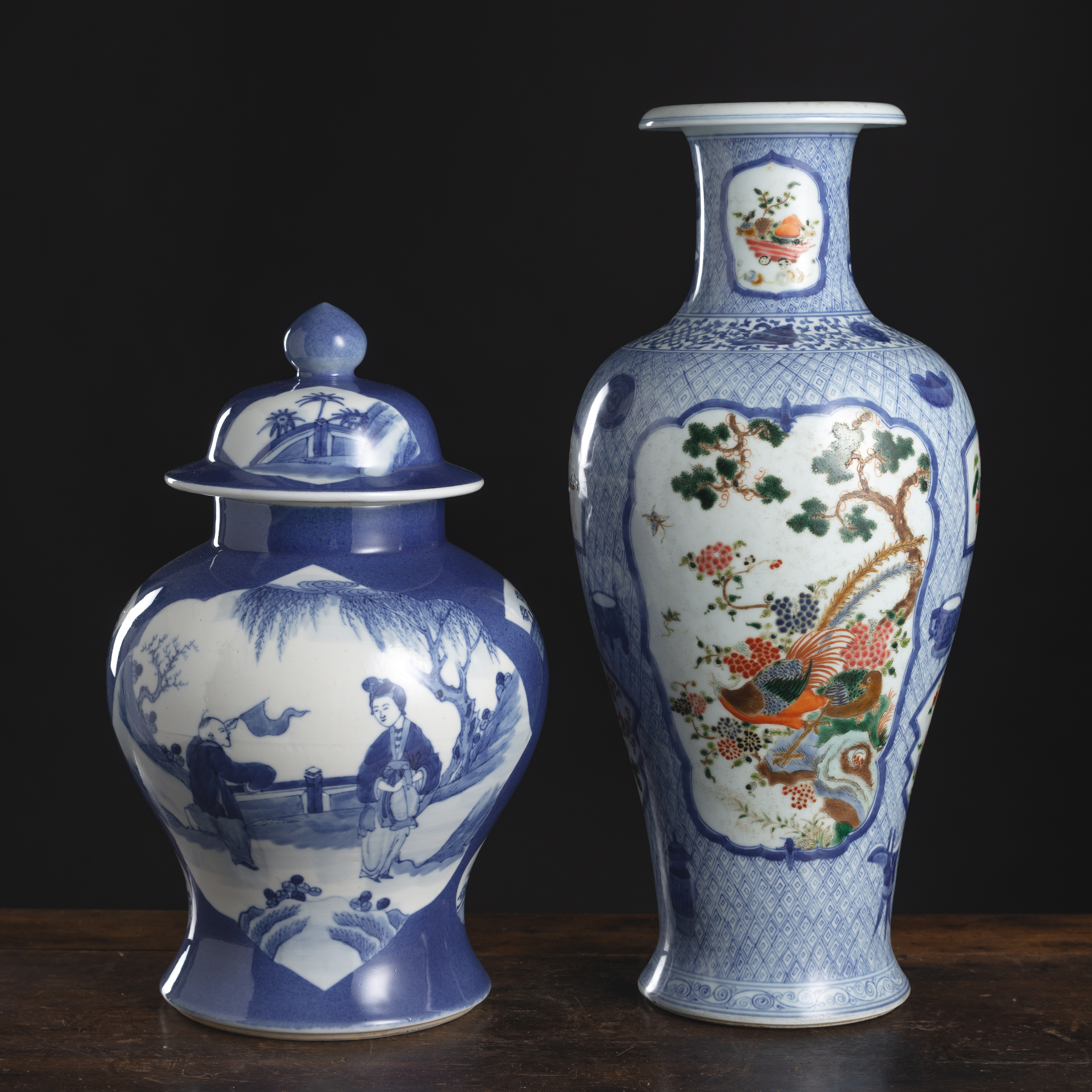 A POWDER-BLUE PORCELAIN VASE AND COVER AND A POLYCHROME DEER, PHEASANTS, AND BUDDHIST EMBLEMS BALUS