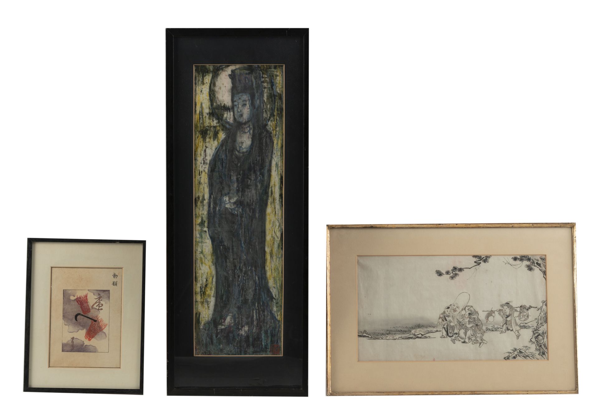 THREE FRAMED PICTURES: A STANDING GUANYIN, A WOODBLOCK PRINT WITH FUKUROKUJU AND BOYS, A SMALL ALBU