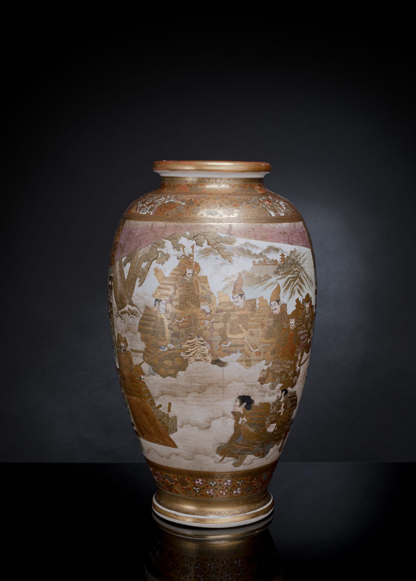 A LARGE SATSUMA EARTHENWARE VASE WITH SAMURAI AND TEMPLE SCENES - Image 2 of 3