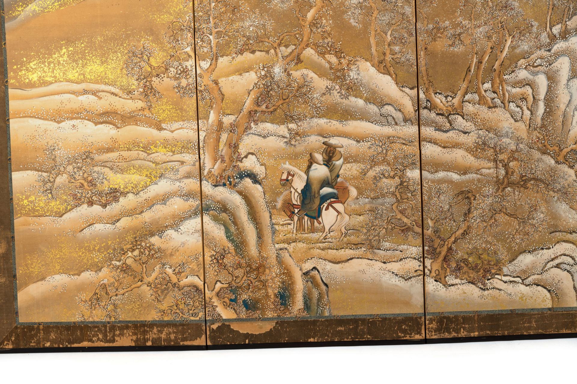 A SIX-PANEL SCREEN WITH A WINTER LANDSCAPE AND RIDERS - Image 2 of 8