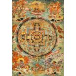 Neunfaches Mandala des „Buddha des Langen Lebens“ - Amitayus. Gouache auf Seide, originale Seidensa