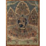 Thangka mit zentraler Darstellung einer Dakini umgeben von zahlreichen weiteren Gottheiten