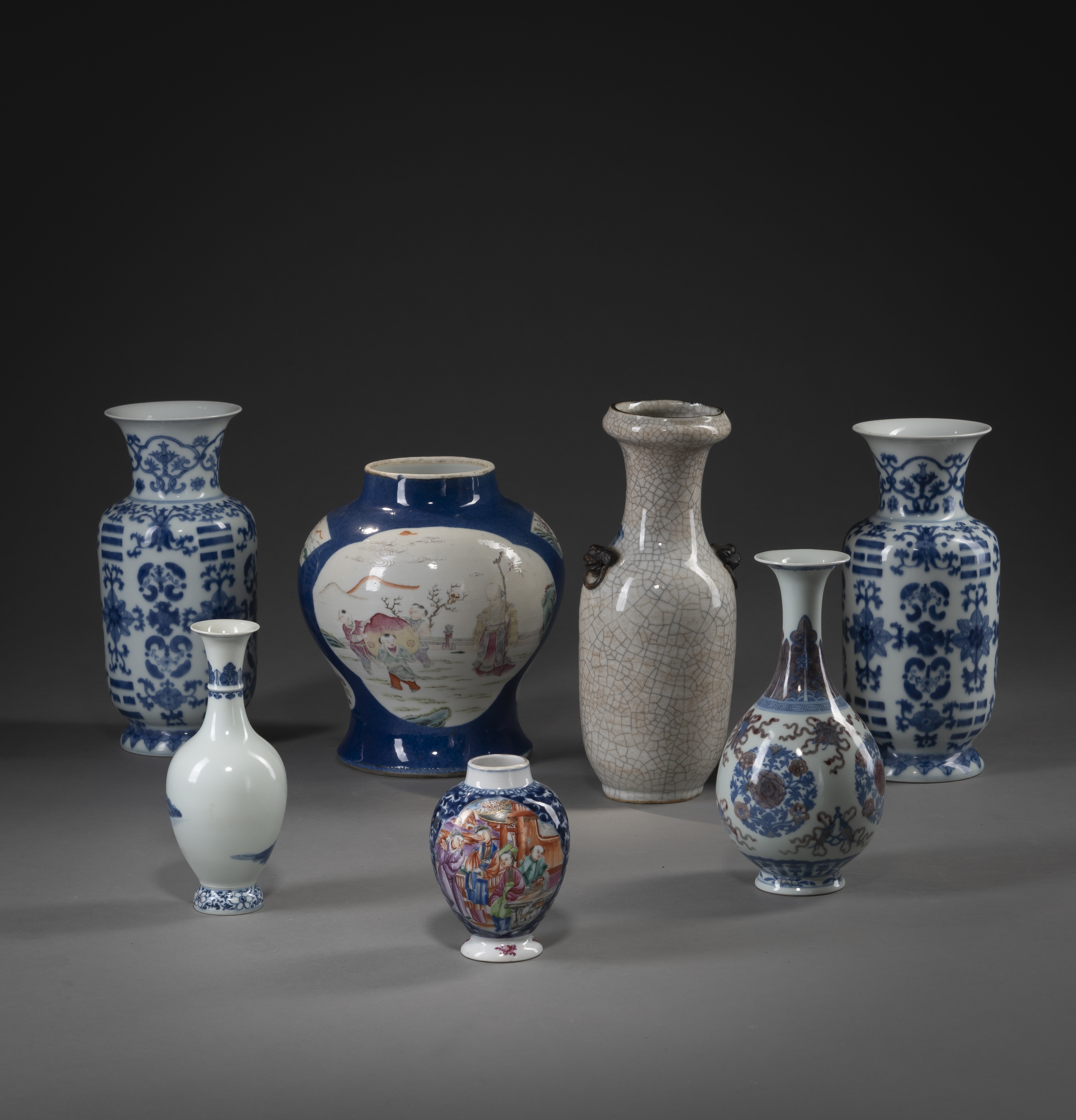 SEVEN BLUE AND WHITE PORCELAIN VASES SHOWING FIGURES, A LANDSCAPE, AND TRIGRAMS - Image 3 of 5
