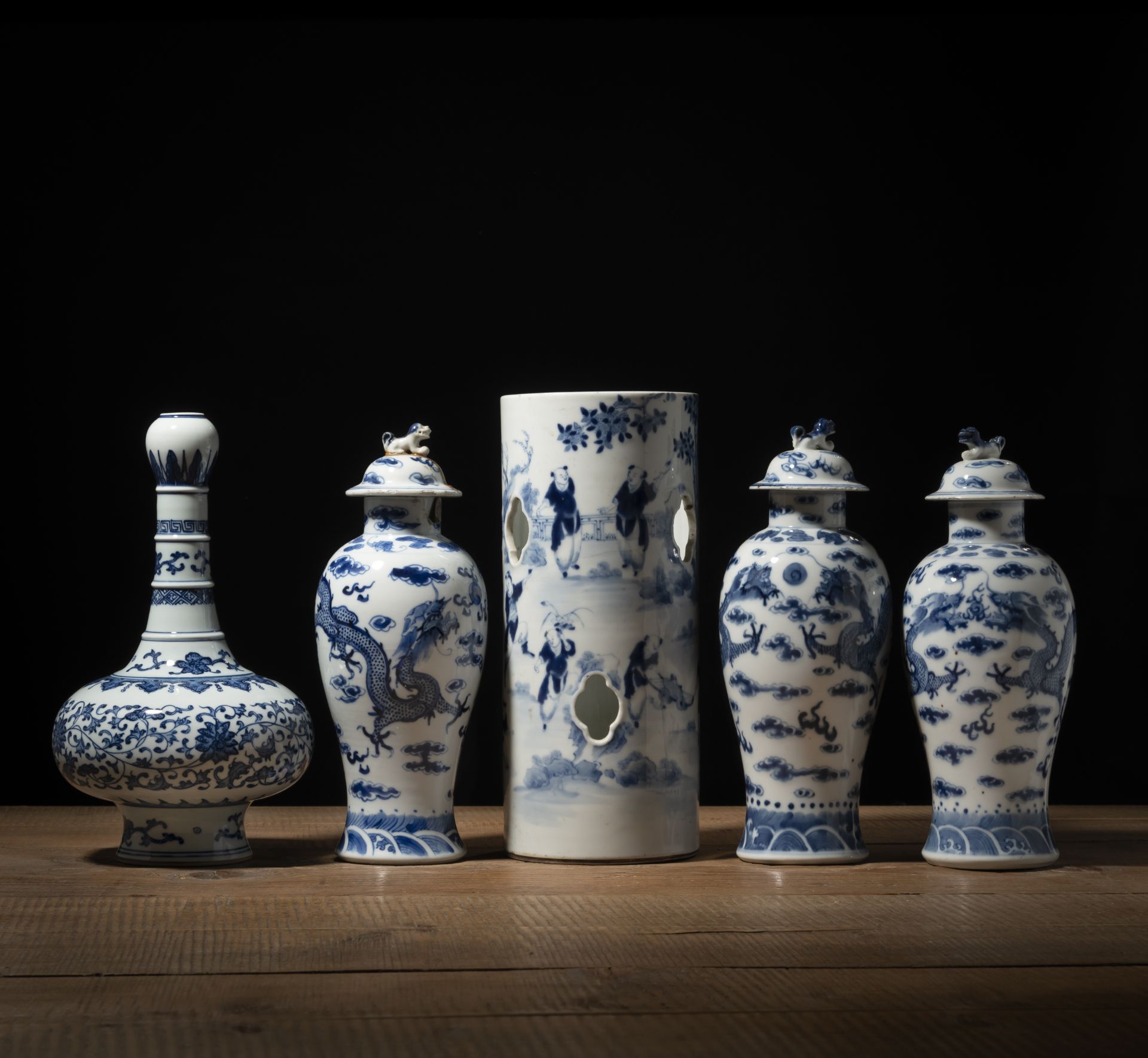 THREE BLUE AND WHITE PORCELAIN DRAGON VASES AND COVERS, A HAT STAND, AND A BOTTLE VASE - Image 2 of 6