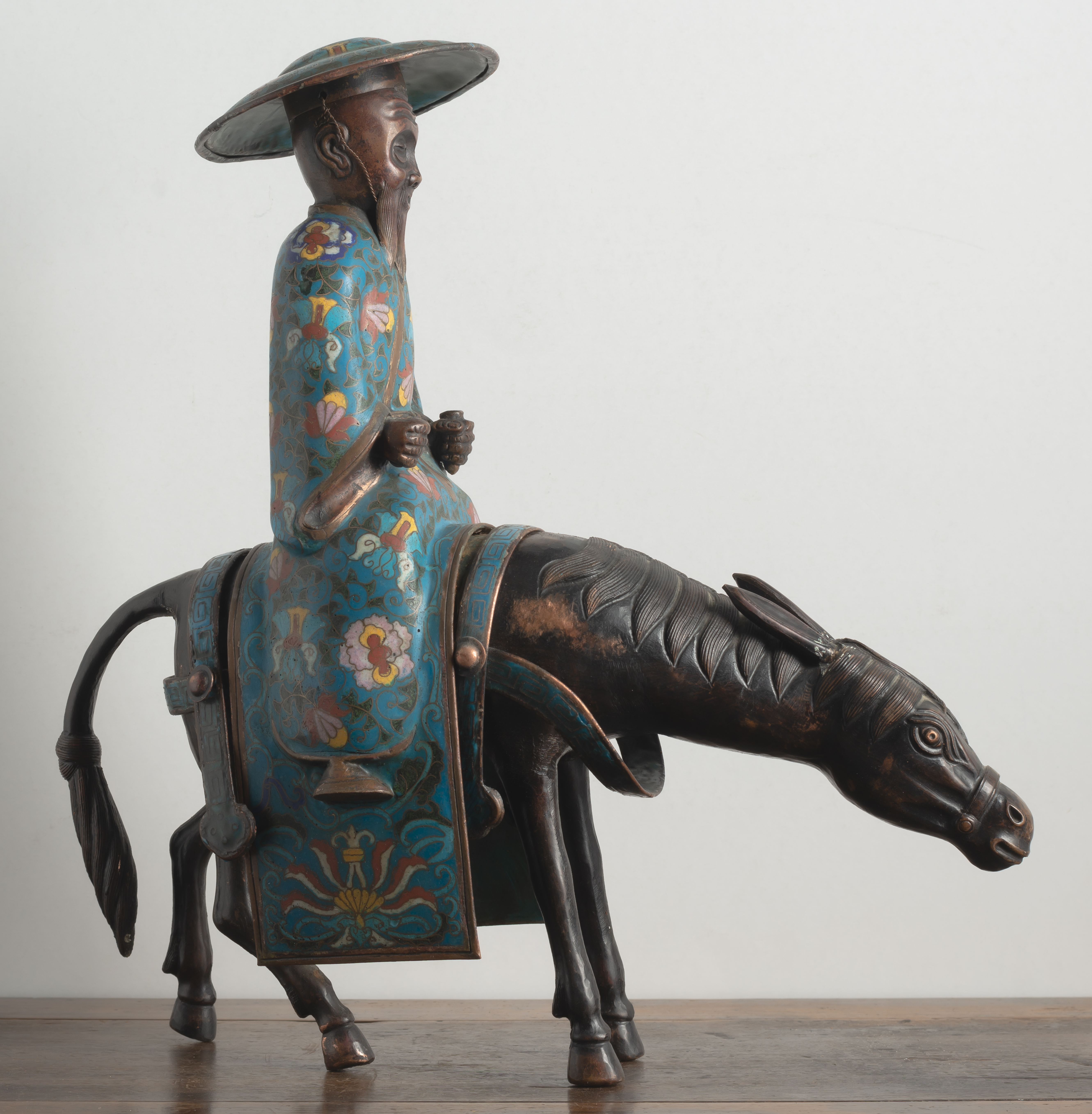 TWO BRONZES OF HORSE RIDING FIGURES, ONE WITH CLOISONNÉ-ENAMELS - Image 2 of 8