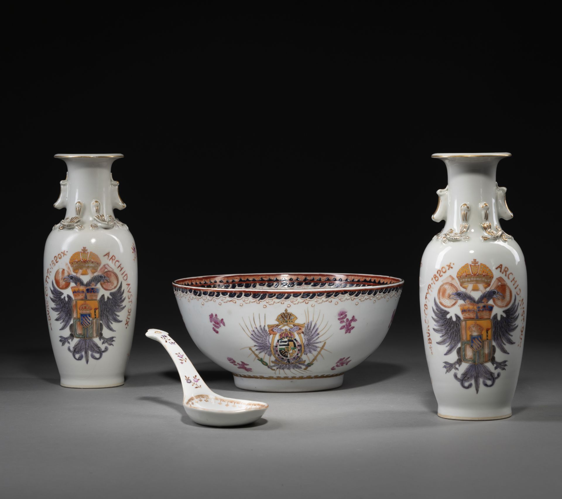 A PAIR OF 'FAMILLE ROSE' PORCELAIN VASES WITH AUSTRIAN COAT-OF-ARMS, AN ARMORIAL PUNCH BOWL, AND A