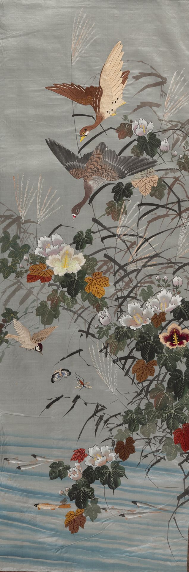 FOUR SILK PAINTINGS DEPICTING BIRDS AND FLOWERS - Image 2 of 4