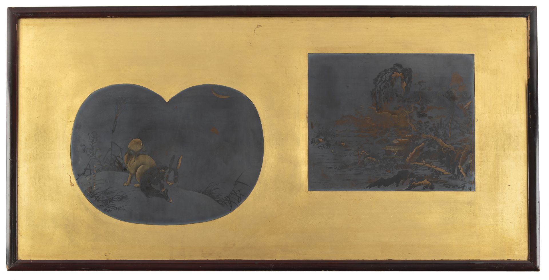 A GOLD AND SILVER-LACQUERED WOOD PANEL DEPICTING A PAIR OF HARES GAZING AT THE MOON AND A LANDSCAPE - Image 2 of 2