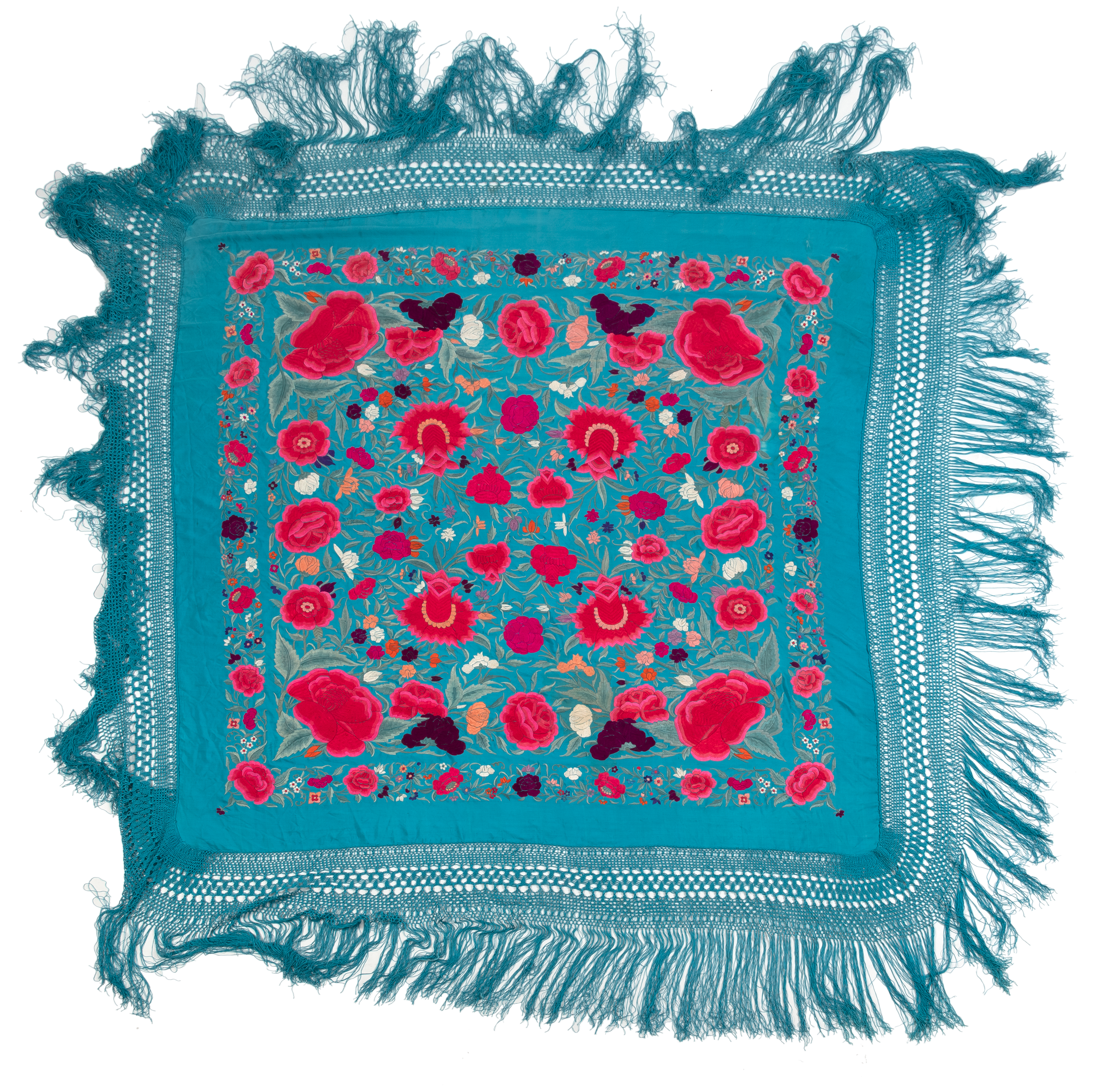 AN EMBROIDERED SILK COVER WITH PINK FLOWERS ON TURQUOISE SATIN AND KNOTTED FRINGES - Image 2 of 2