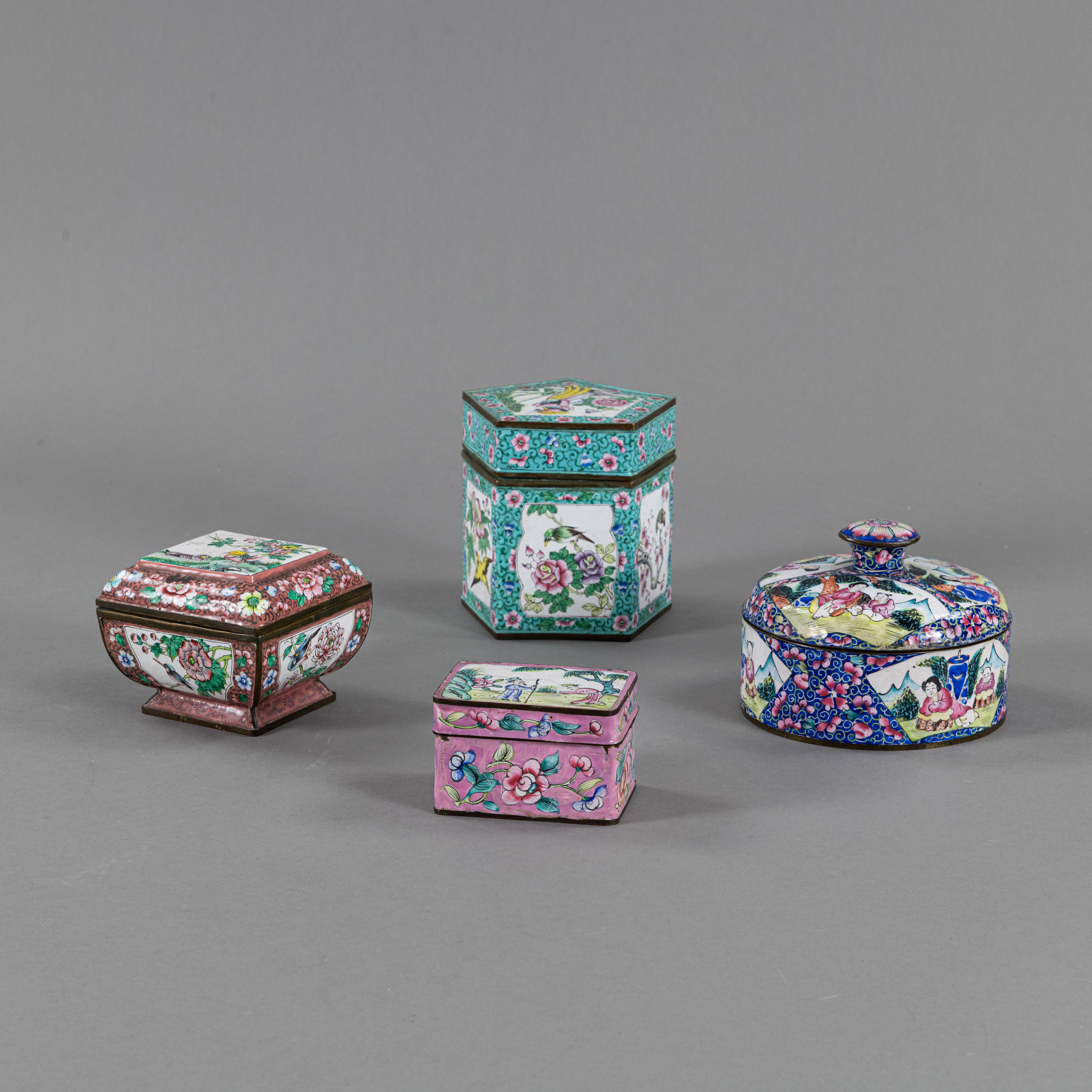 FOUR CANTON-ENAMEL BOXES AND WITH COVERS