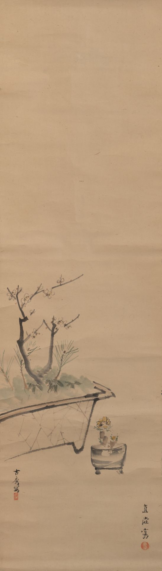 Drei Hängerollen mit Darstellungen von Kiefer, Bambus und Pflaume. Tusche und Farben auf Papier bzw - Bild 2 aus 13