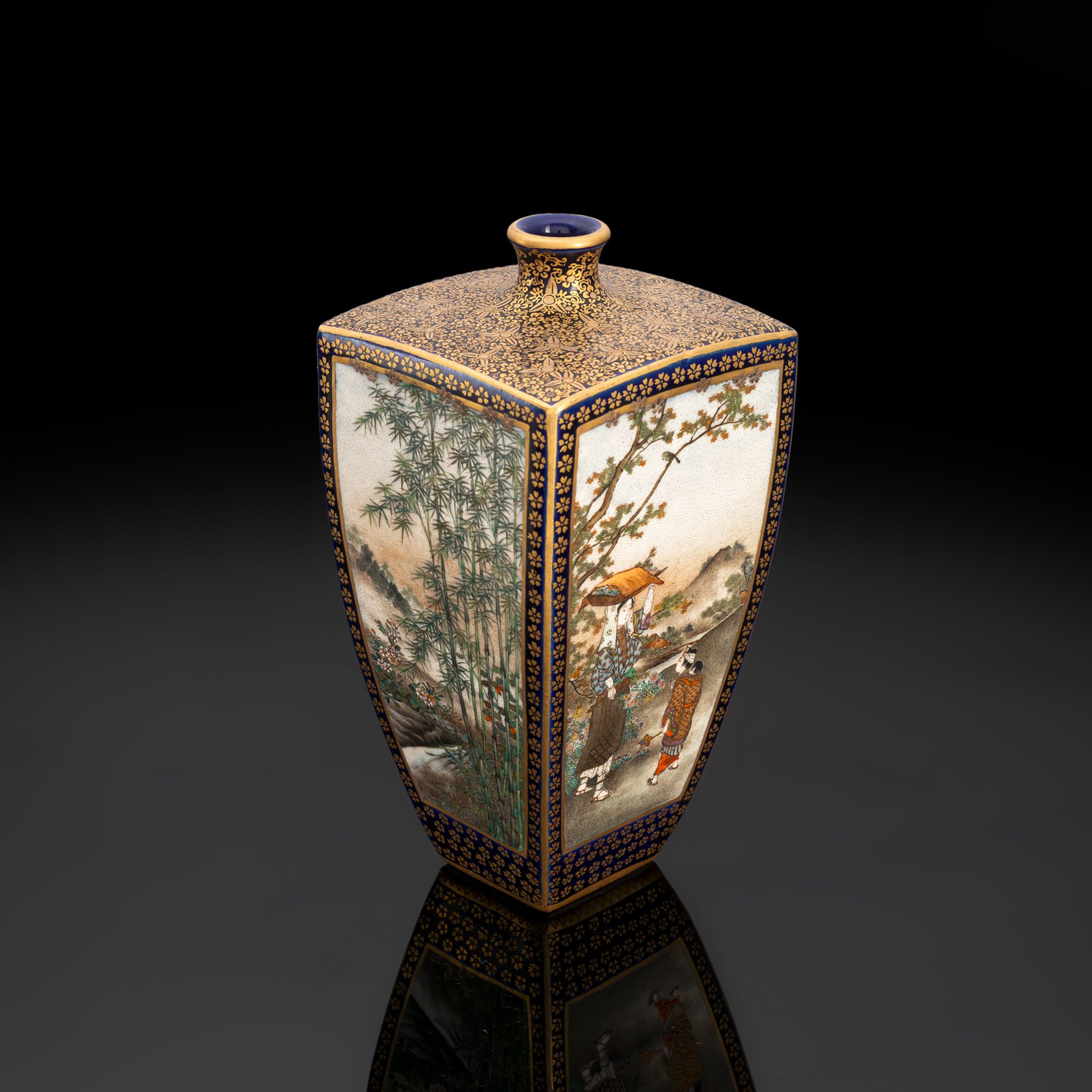 A SATSUMA EARTHENWARE VASE WITH FIGURAL AND FLOWER PANELS