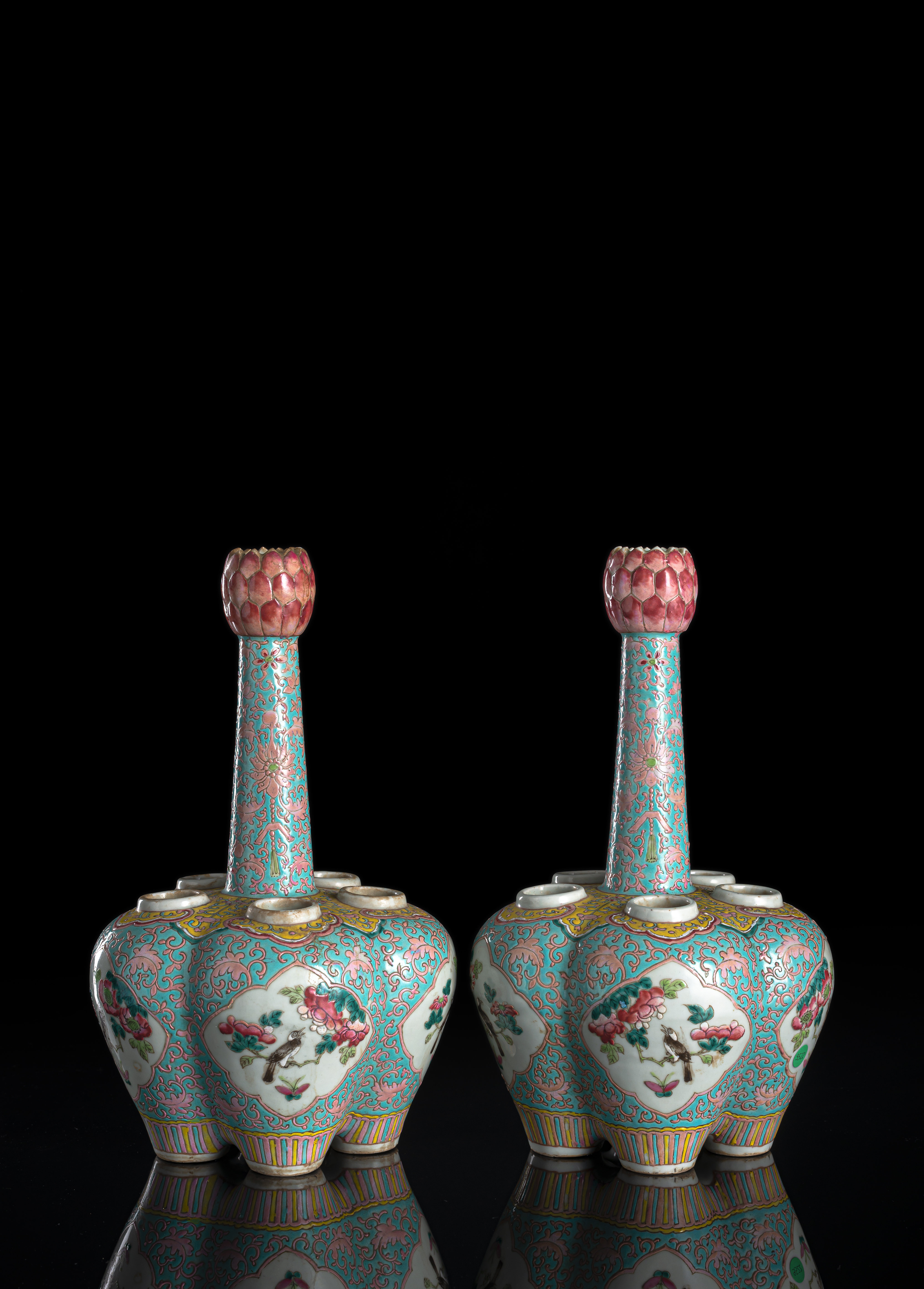 A PAIR OF 'FAMILLE ROSE' PORCELAIN TULIP VASES WITH MAGPIES INSIDE QUADRILOBED RESERVES