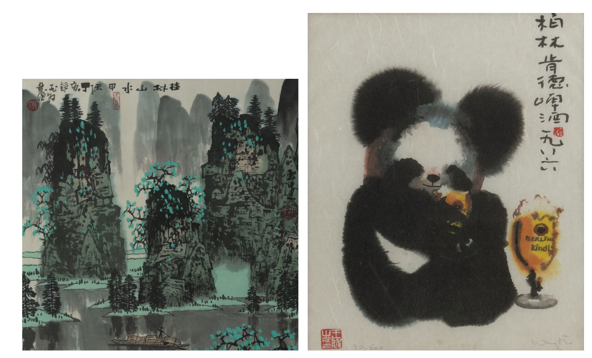 AN ALBUM LEAF WITH GUILIN LANDSCAPE PAINTING AND A POSTER WITH PANDA, BERLINER KINDL 1986