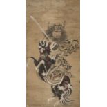 Der Dämonenjäger Shôki mit Schwert zu Pferd. Tusche und Farben auf Papier
