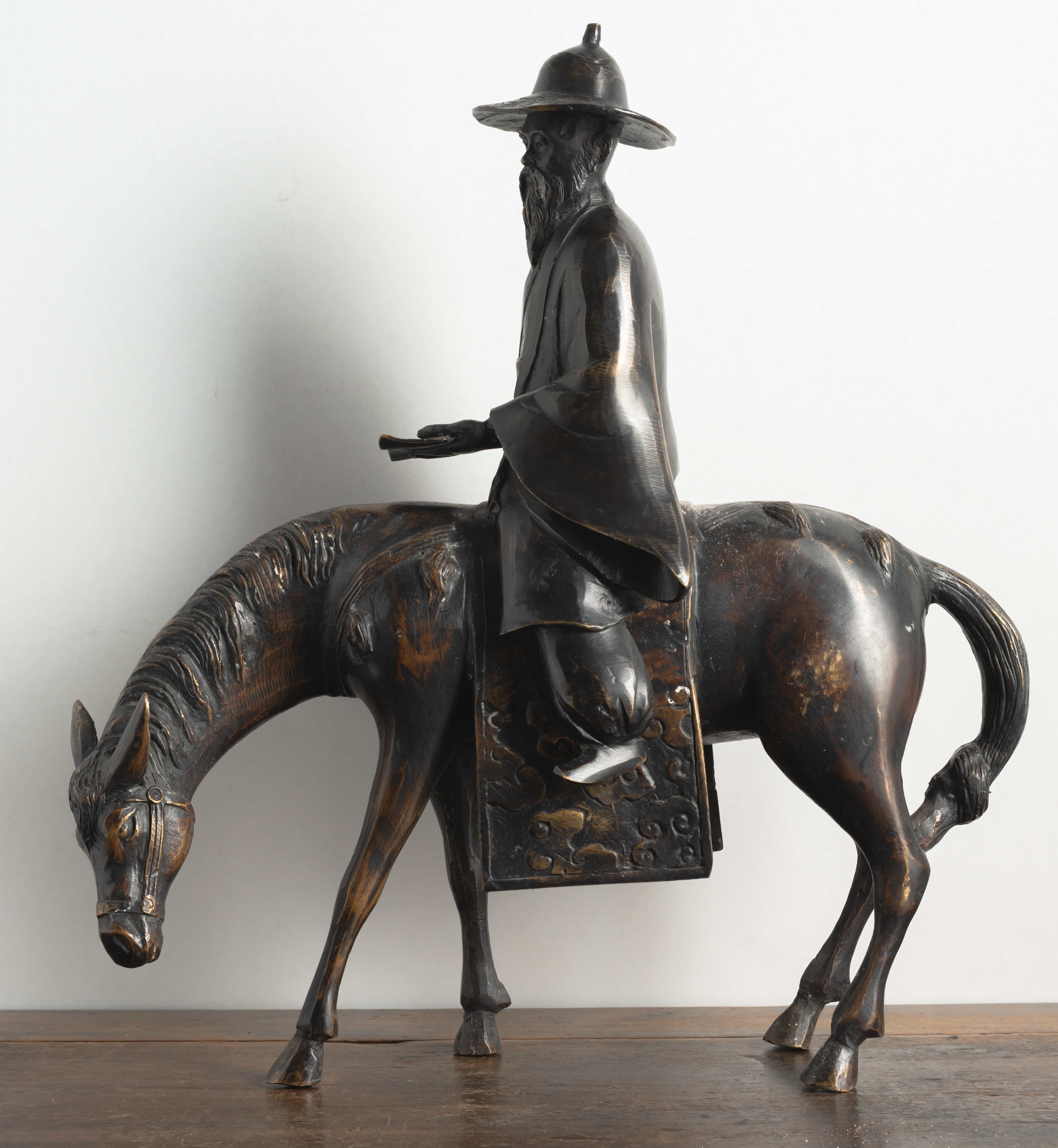 TWO BRONZES OF HORSE RIDING FIGURES, ONE WITH CLOISONNÉ-ENAMELS - Image 6 of 8