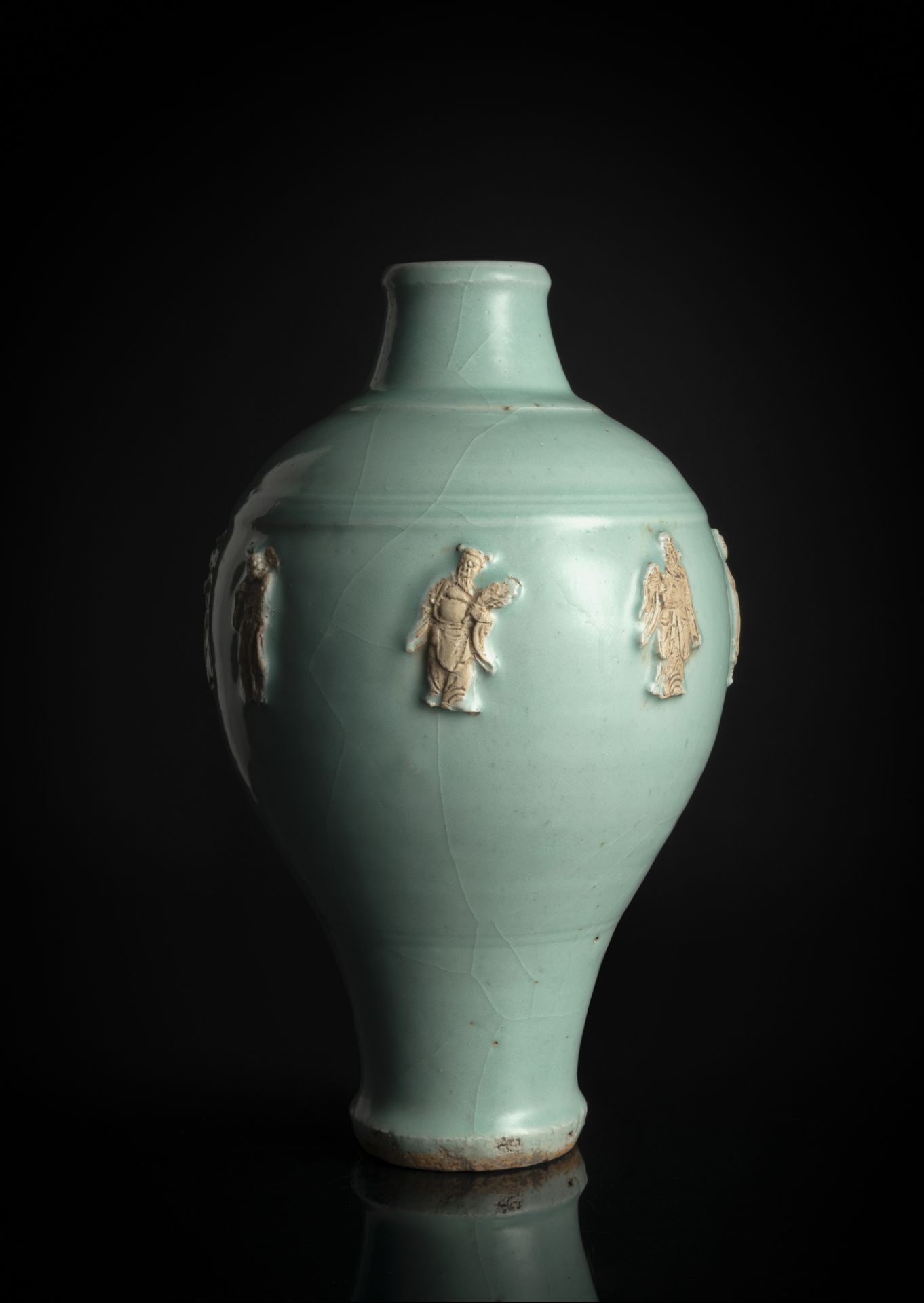 A RARE AND UNUSUAL LIGHT-BLUE-GREEN GLAZED VASE WITH THE EIGHT DAOIST IMMORTALS