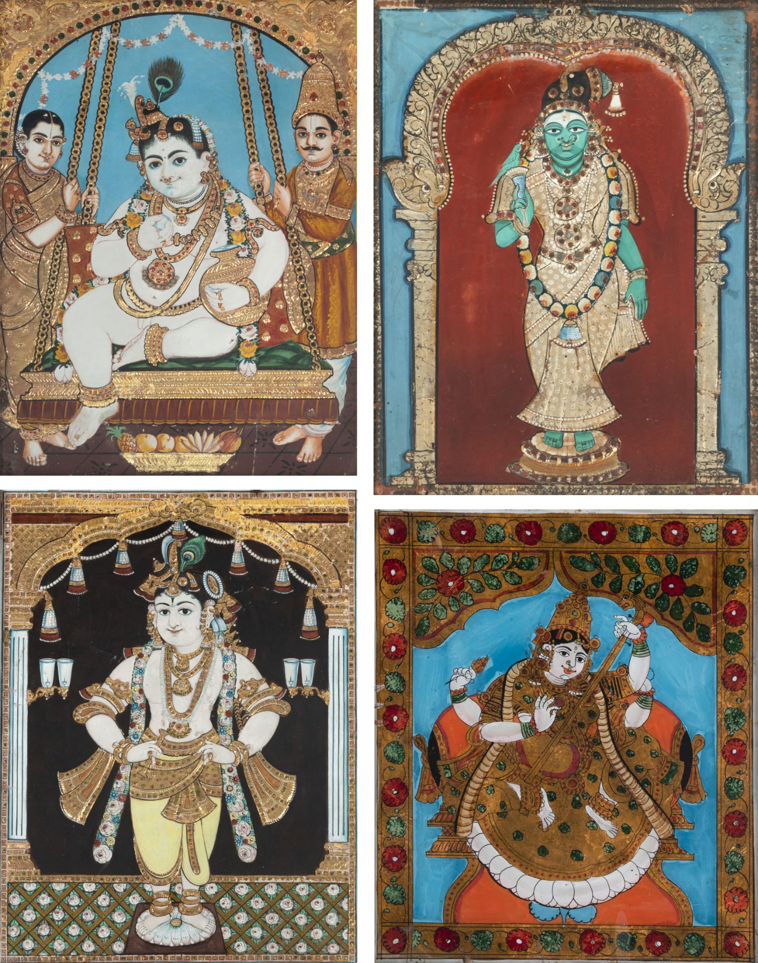 FOUR POLYHCROME PAINTINGS ON WOOD AND A REVERSE GLASS PAINTING DEPICTING KRISHNA, SHIVA, AND DURGA