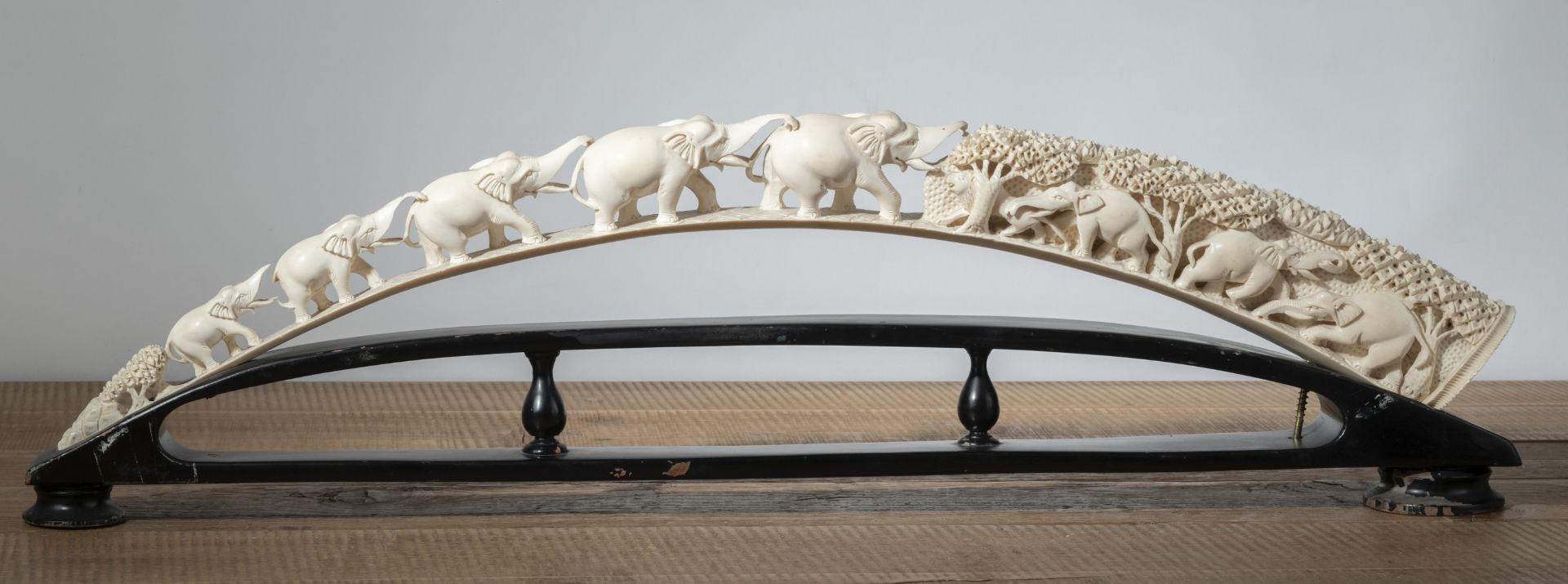 AN IVORY CARVED BRIDGE WITH ELEPHANTS AND OTHER ANIMALS IN THE FOREST, MOUNTED ON A WOOD STAND - Image 2 of 5