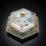 A GOOD HEXAGONAL FAMILLE ROSE EXPORT PORCELAIN TUREEN AND COVER ON STAND WITH SCENES FOR THE SILK P