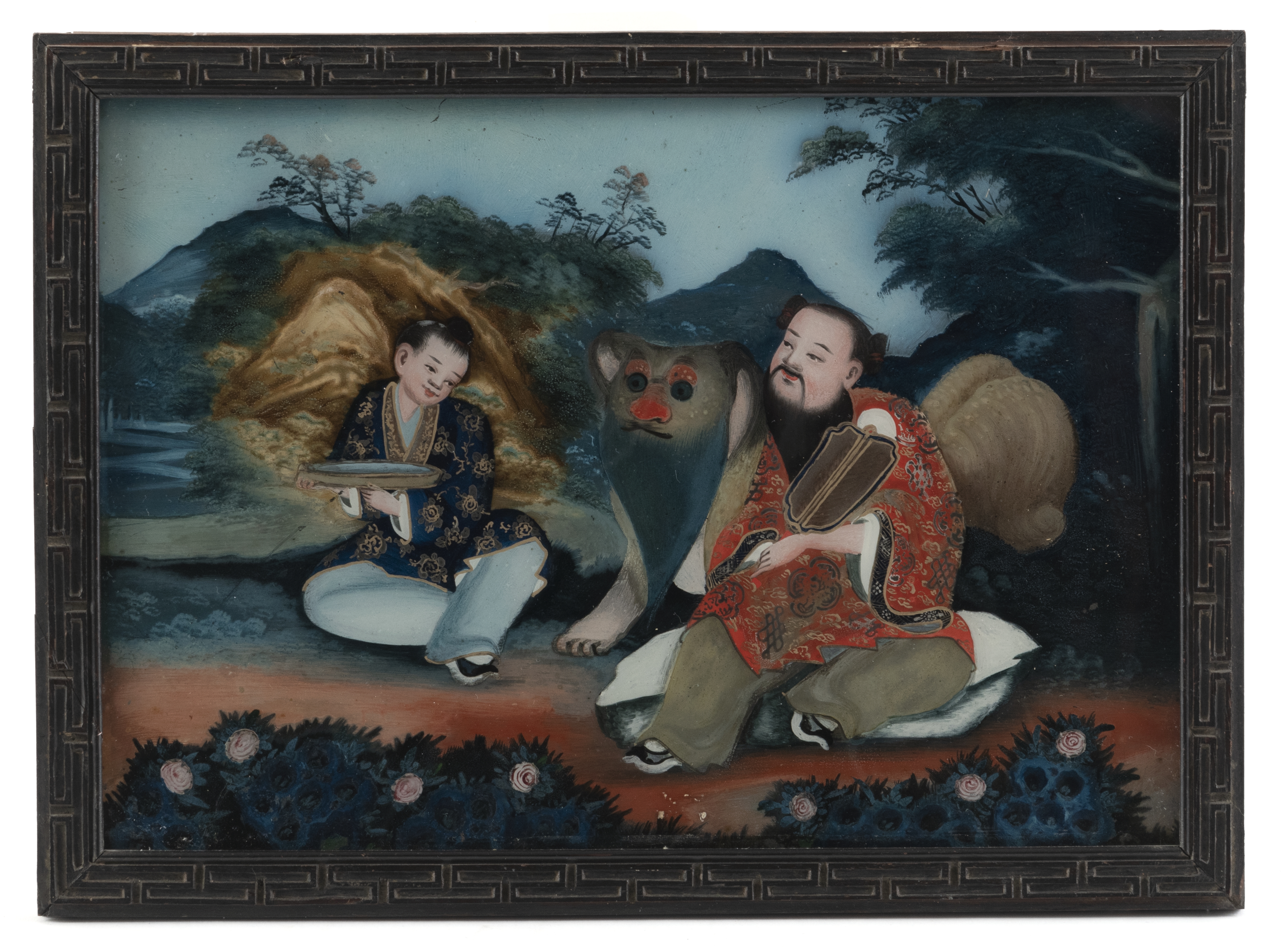 THREE REVERSE GLASS PAINTINGS EACH DEPICTING AN IMMORTAL AND A SERVANT - Image 5 of 6