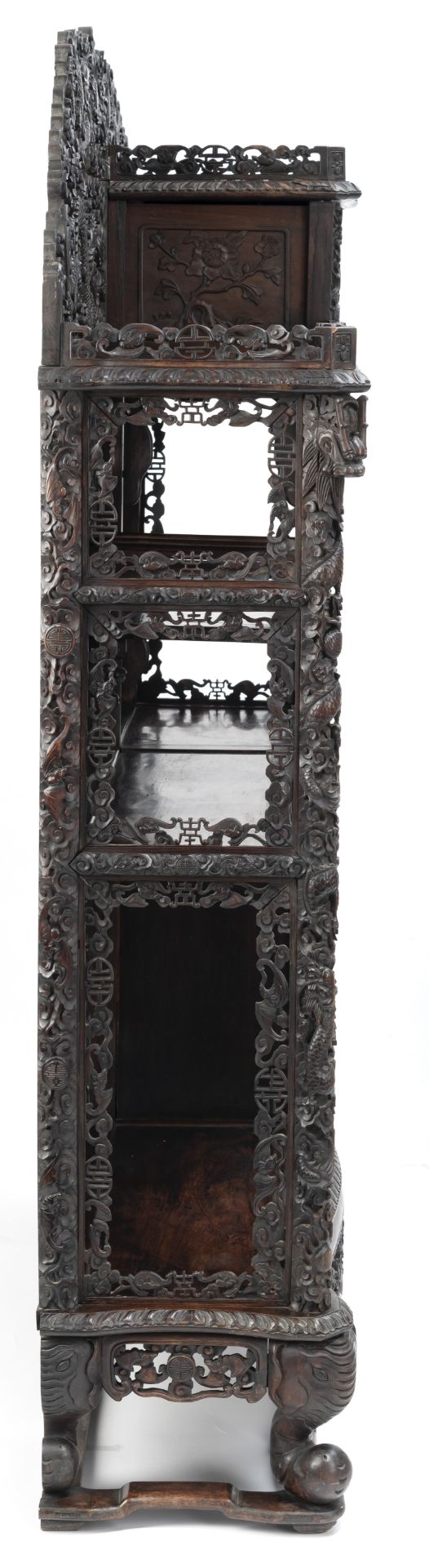 AN INTRICATELY CARVED OPENWORK DRAGON, QILIN, BAMBOO AND POMEGRANATE DISPLAY CABINET - Image 4 of 8